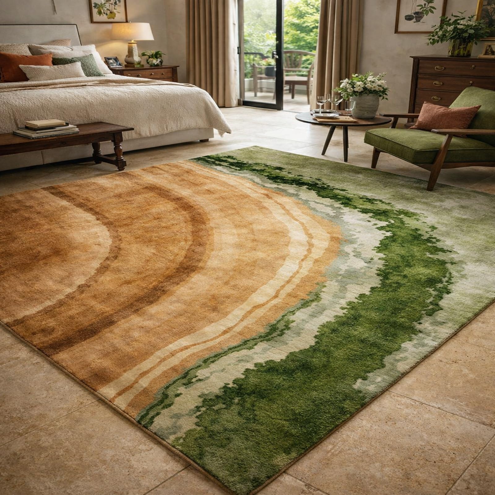 Tapis de salon moderne vert et beige 120x185 cm pour déco chambre ado