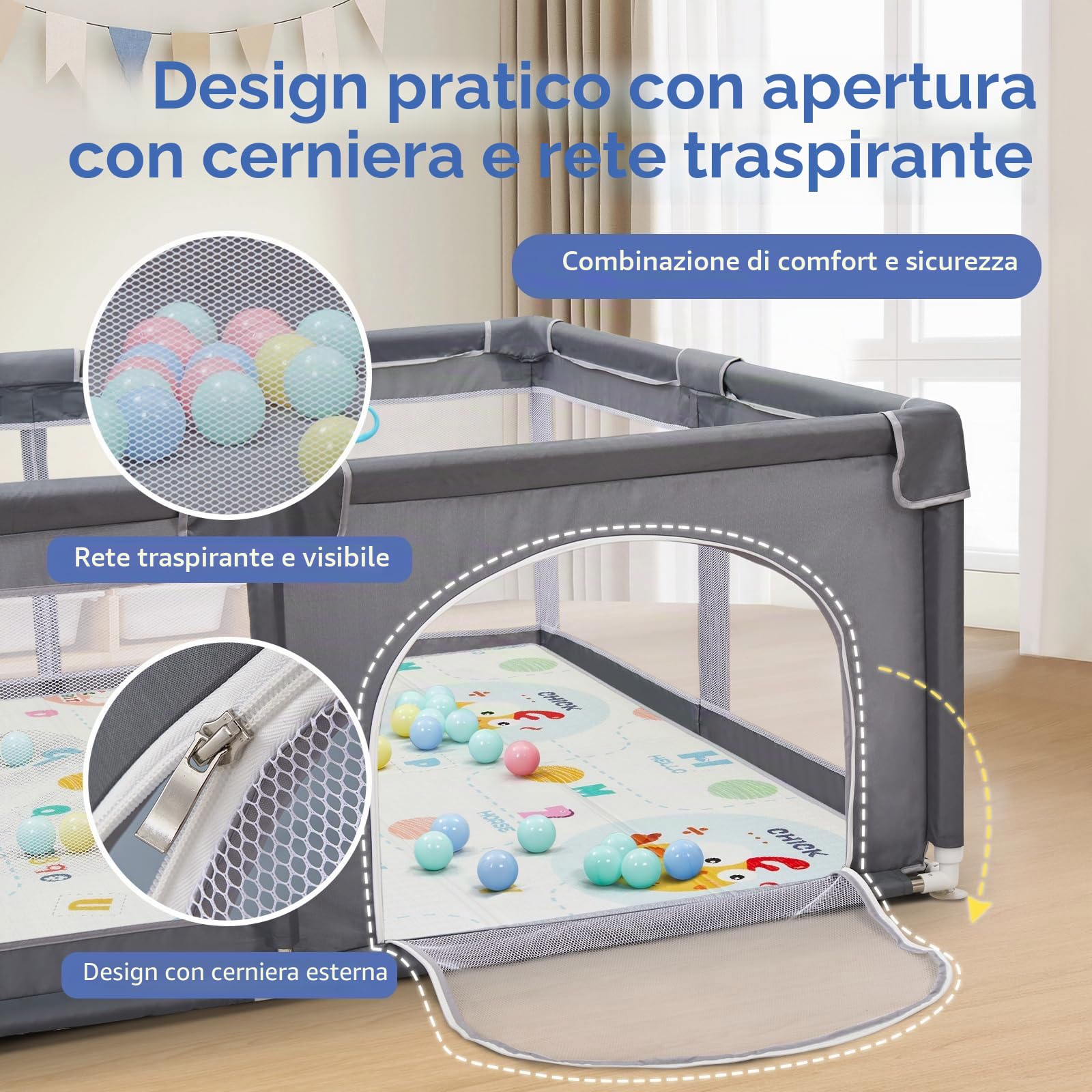 CHOLY Box per bambini 150 x 180 cm, con rete traspirante visibile, parco giochi extra grande (grigio scuro con tappetino da gioco B, 150 x 180 cm)