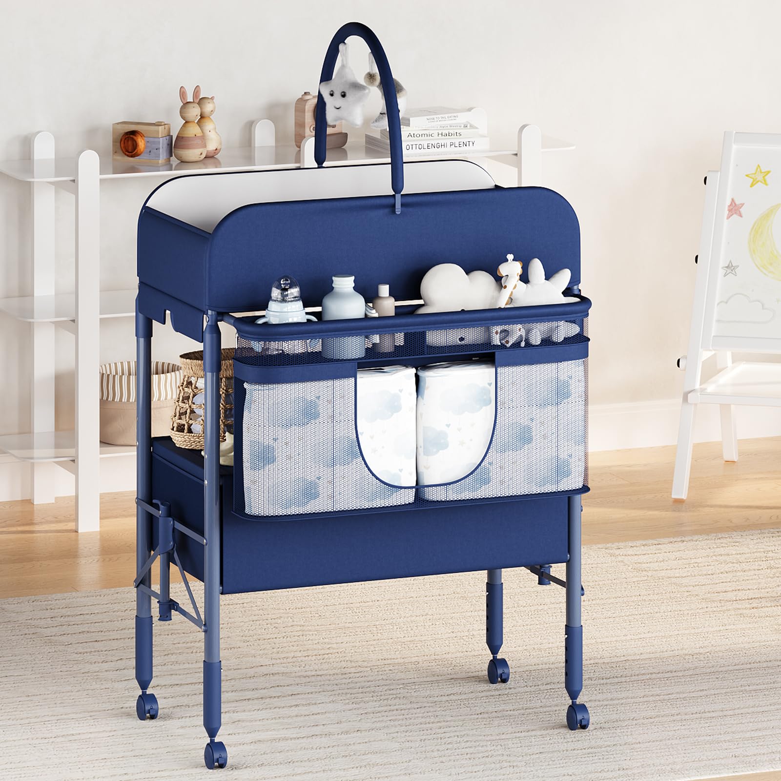 Fasciatoio Pieghevole Portatile Per Neonato, Altezza Regolabile Con Ruote Bloccabili, 2 Cassetti e Piano Impermeabile, Fasciatoio Con Vaschetta Per Bagnetto