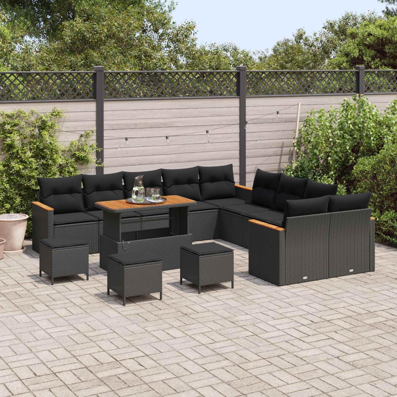 Juego de sofá de jardín modular de 14 piezas de ratán sintético negro con piezas de acero recubierto de pulverización y cojines de espuma suave