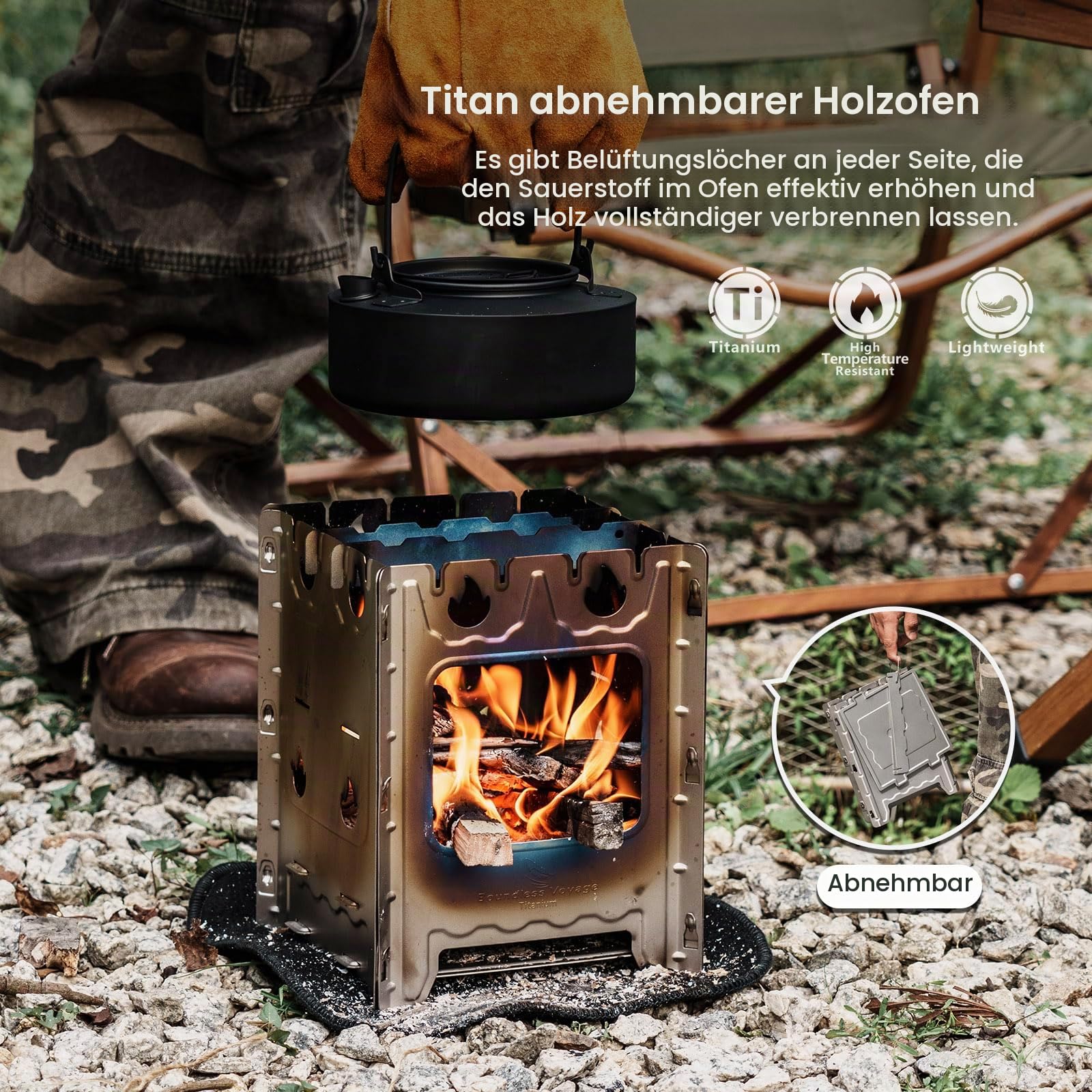 iBasingo Titan Herd Camping Kocher Holzofen Tragbarer Brenner Outdoor Abnehmbare Bushbox mit Topflappen Leichter Lagerfeuer BBQ Holzkohlekocher Fester Alkoholerhitzer Picknick Küchen Kochset Ti2008C
