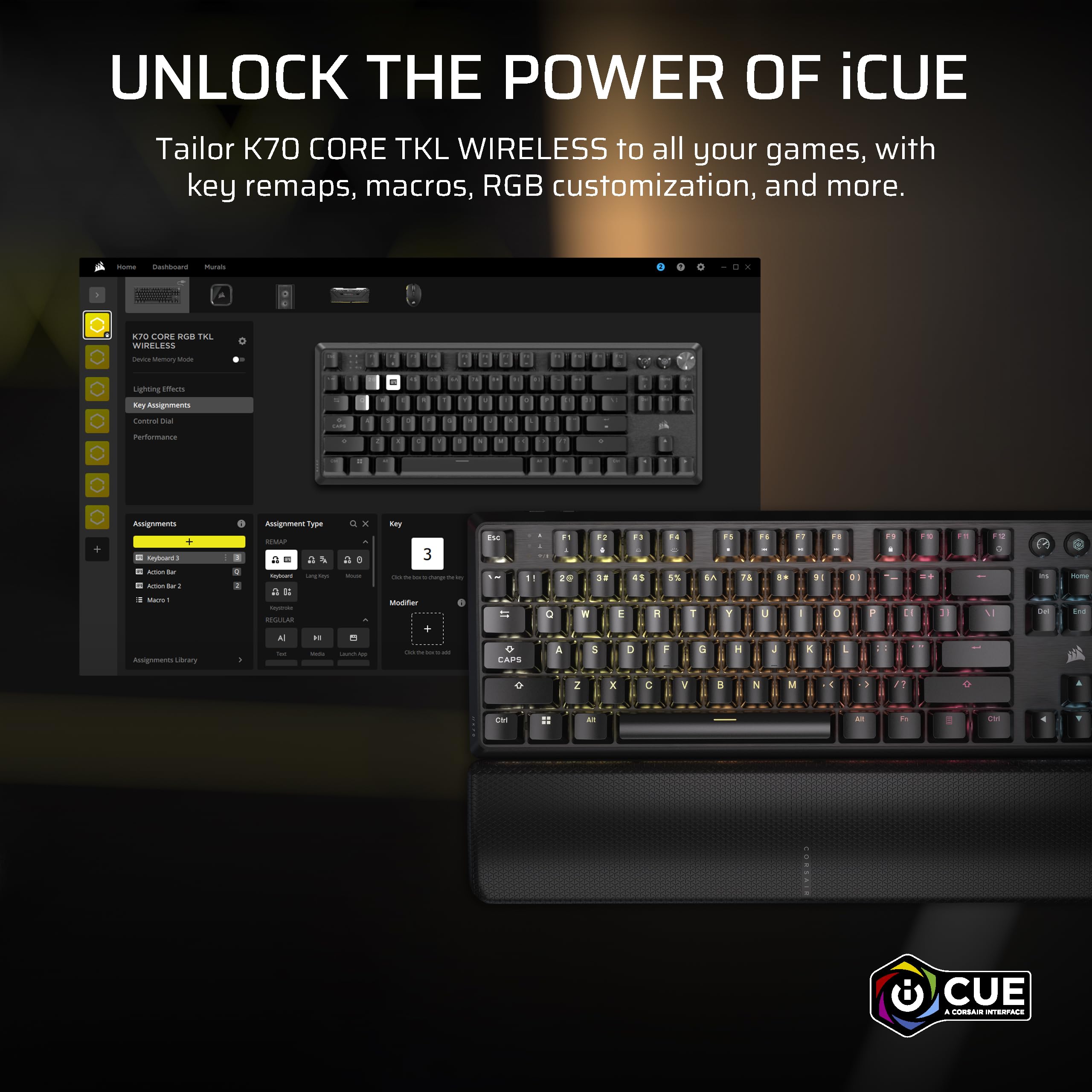 Corsair K70 CORE TKL WIRELESS RGB Tenkeyless Tastiera meccanica da gioco – Switch lineari V2 rossi pre-lubrificati MLX Red v2 – Isolamento acustico – Copritasti ABS a doppio colpo – QWERTY NA