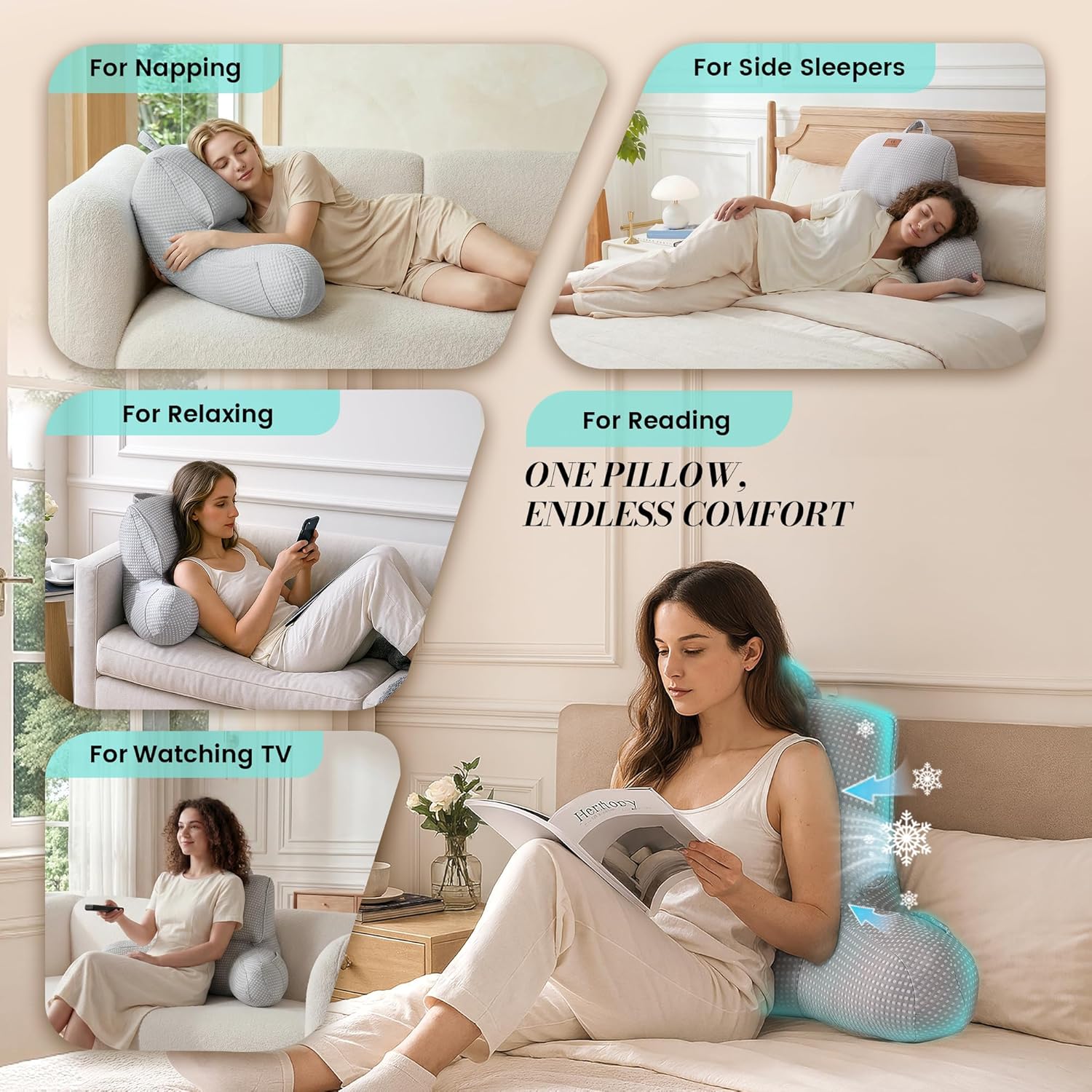 Amélie Home Premium Cooling Waffle Reading Pillow, Qmax>0.37 Ergonomic Backrest Support with Pocket & Handle, Breathable Lounging Pillow for Bed Sofa Floor Summer, 17 Inches, Grey Grey S- 17inch