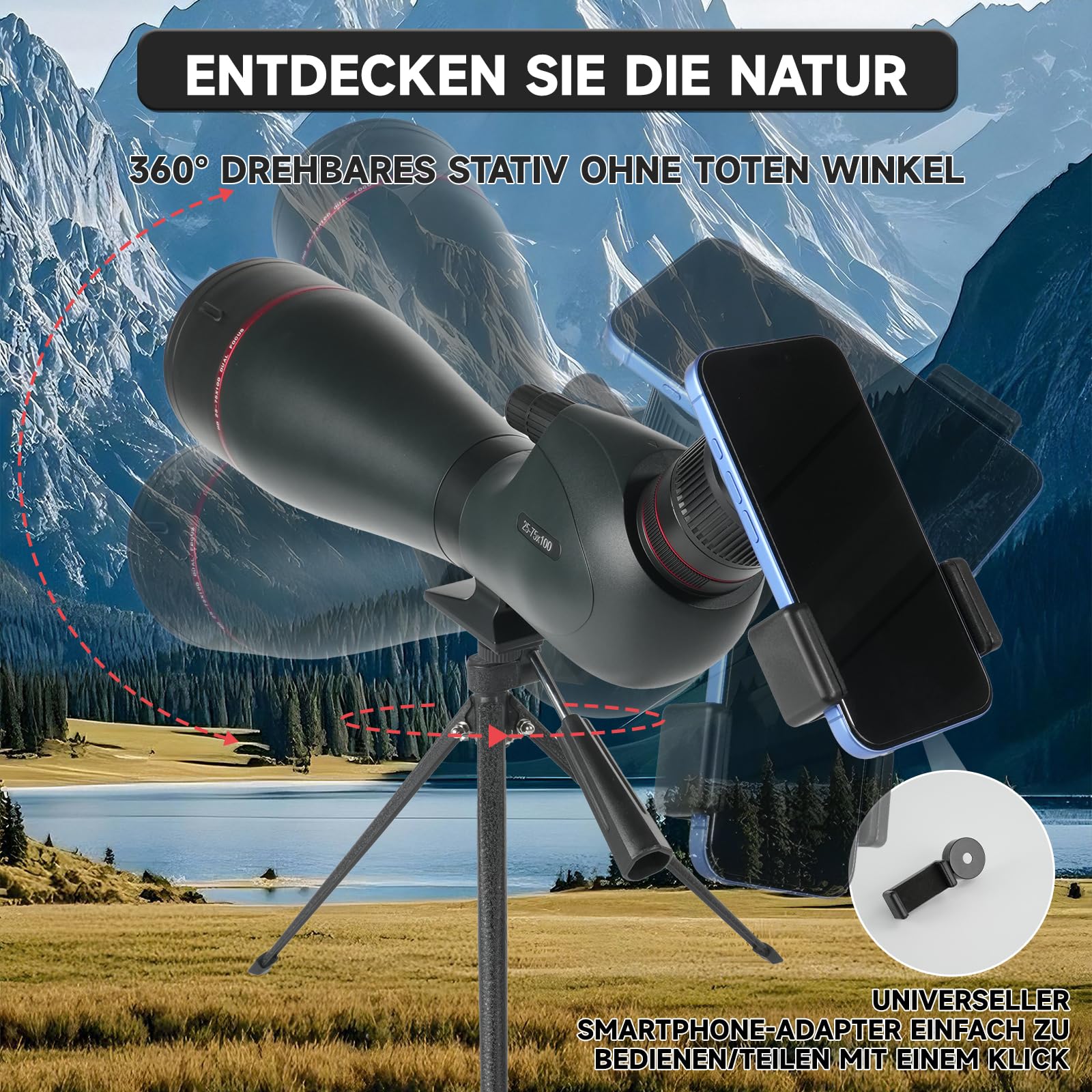 Spektiv 25-75x100 BAK4 IPX7 Wasserdichtes Fernrohr 27mm Okular Doppel-Fokus Jagd Vogelbeobachtung