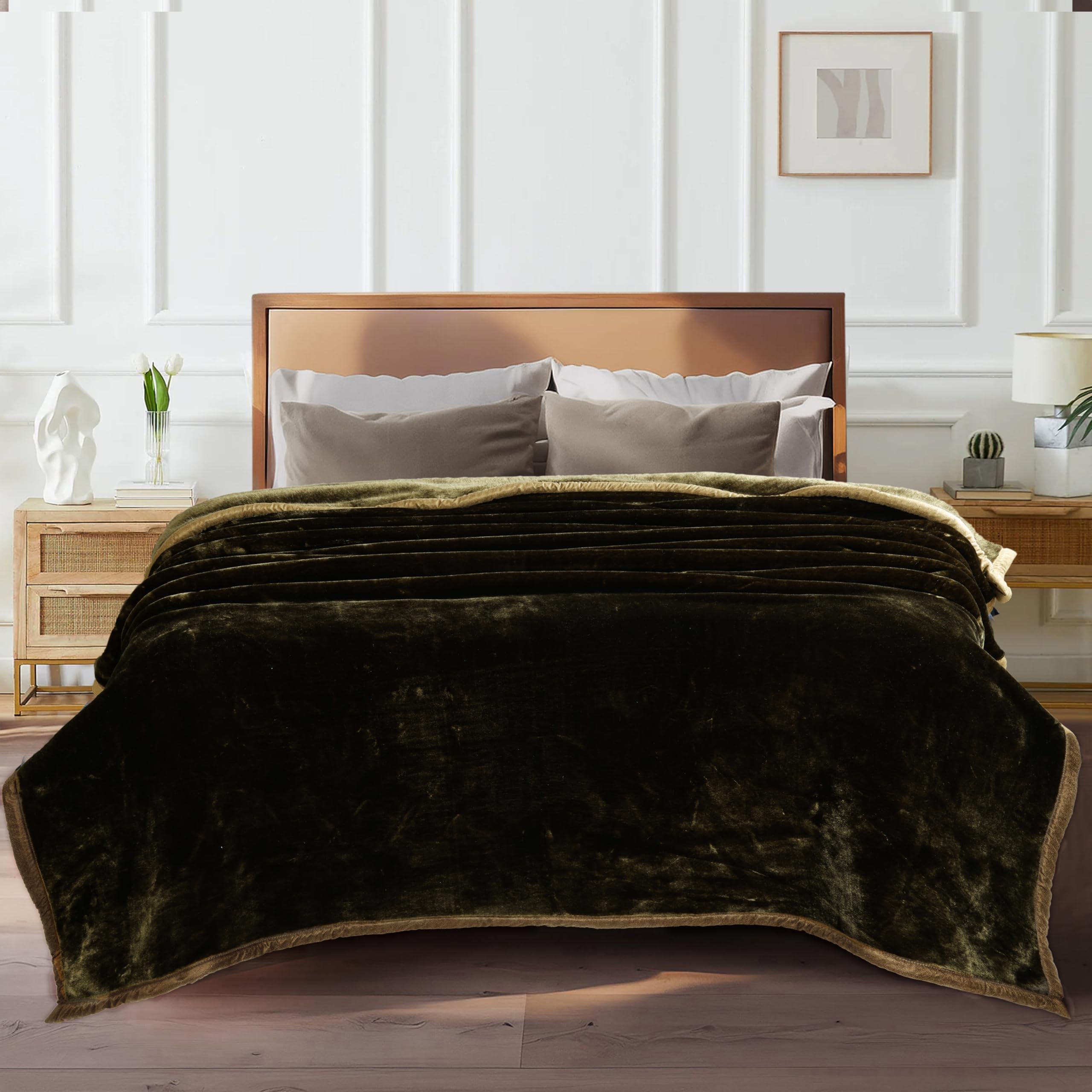 Mink Blanket for AC & Mild Winter | 600 GSM Soft & Warm All Season Blanket for Double Bed (220 x 240 cm) | Cozy Dohar/Quilt/Comforter | Olive