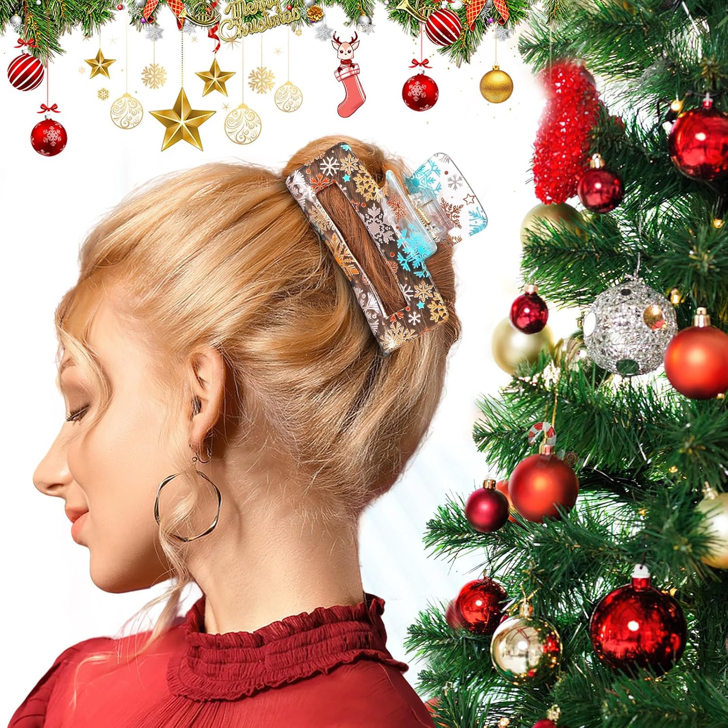 Christmas Hair Clips Claw Shaped Snowman Santa Claus Snowflake Christmas Tree Design Hair Accessories Transparent Cartoon Hair Clips Women Red Green Gold Claw - Image 6