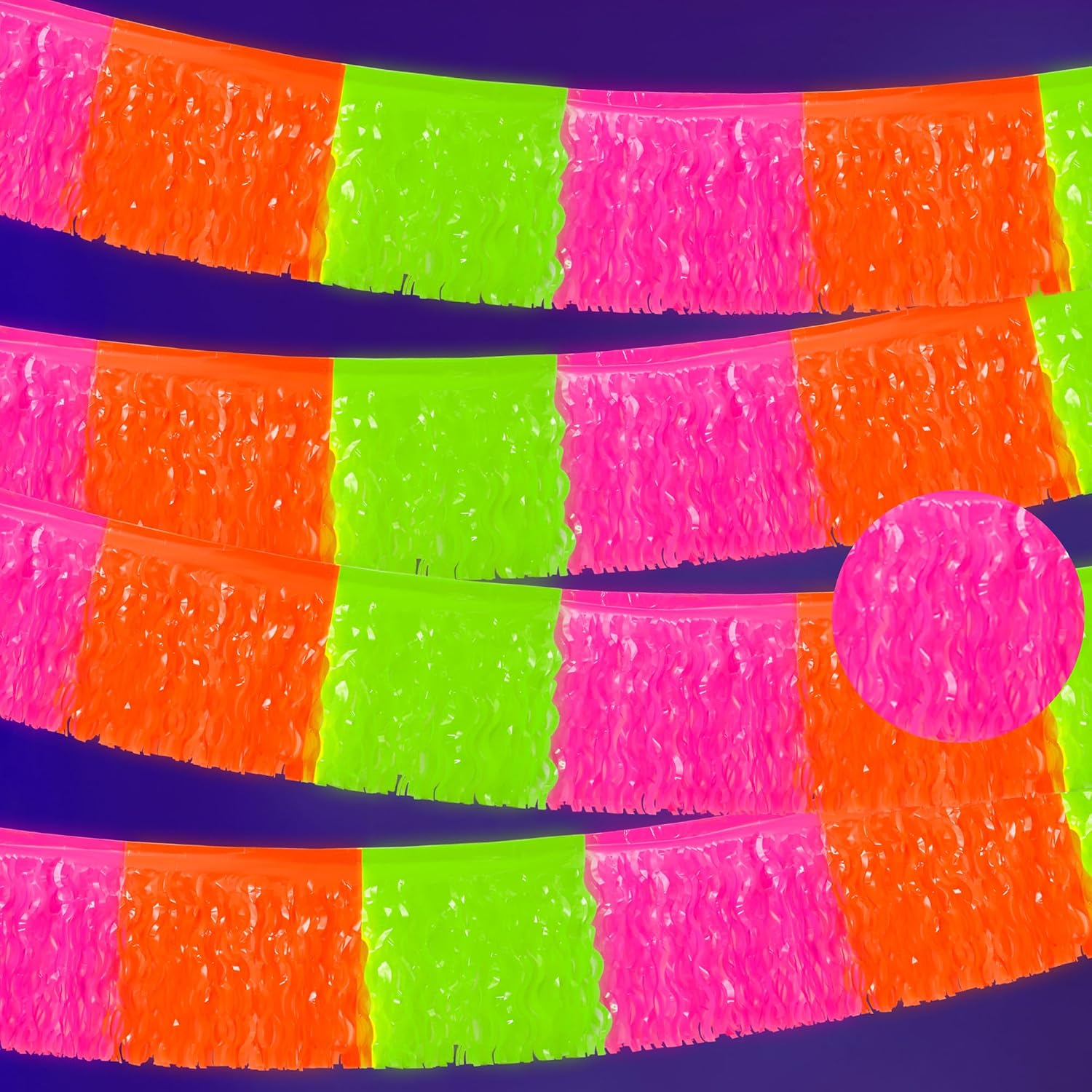 4 Pack Glow in The Dark Party Supplies 9.8Ft Neon Foil Fringe Garland Fluorescent Rose Red Orange Yellow Wavy Metallic Streamer Tinsel Banner for Glow Birthday Party Decor Photo Booth Prop Table Skirt