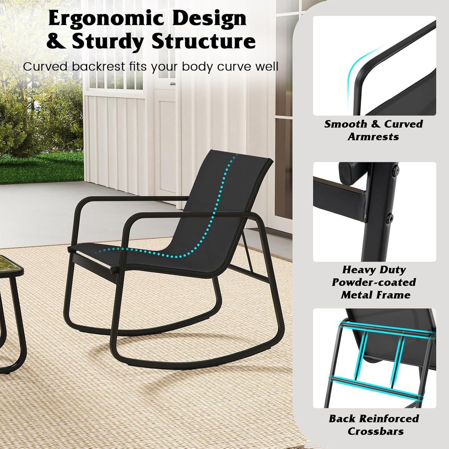 Tangkula 3 Piece Rocking Bistro Set, Patio Furniture Set with 2 Rocking Chairs & Glass-Top Coffee Table, Outdoor Rocker Chair Conversation Set for Porch, Balcony, Poolside, Garden, Backyard (Black)