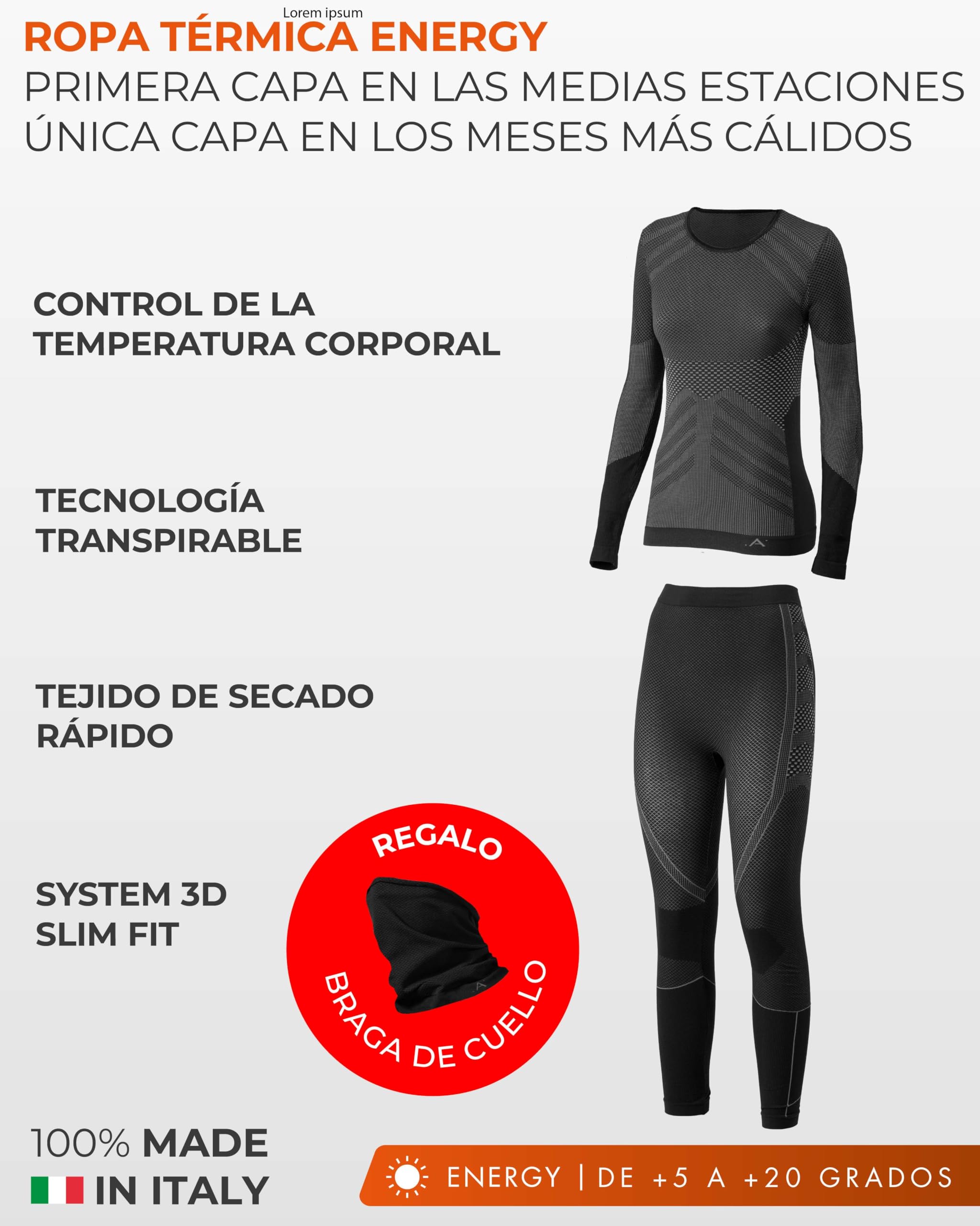 Risalti Ropa Termica Mujer Frio Set Energy – Camiseta Termica Mujer Manga Larga y Mallas, Ropa Interior Invierno Transpirable y Termorreguladora, Seamless – Made in Italy