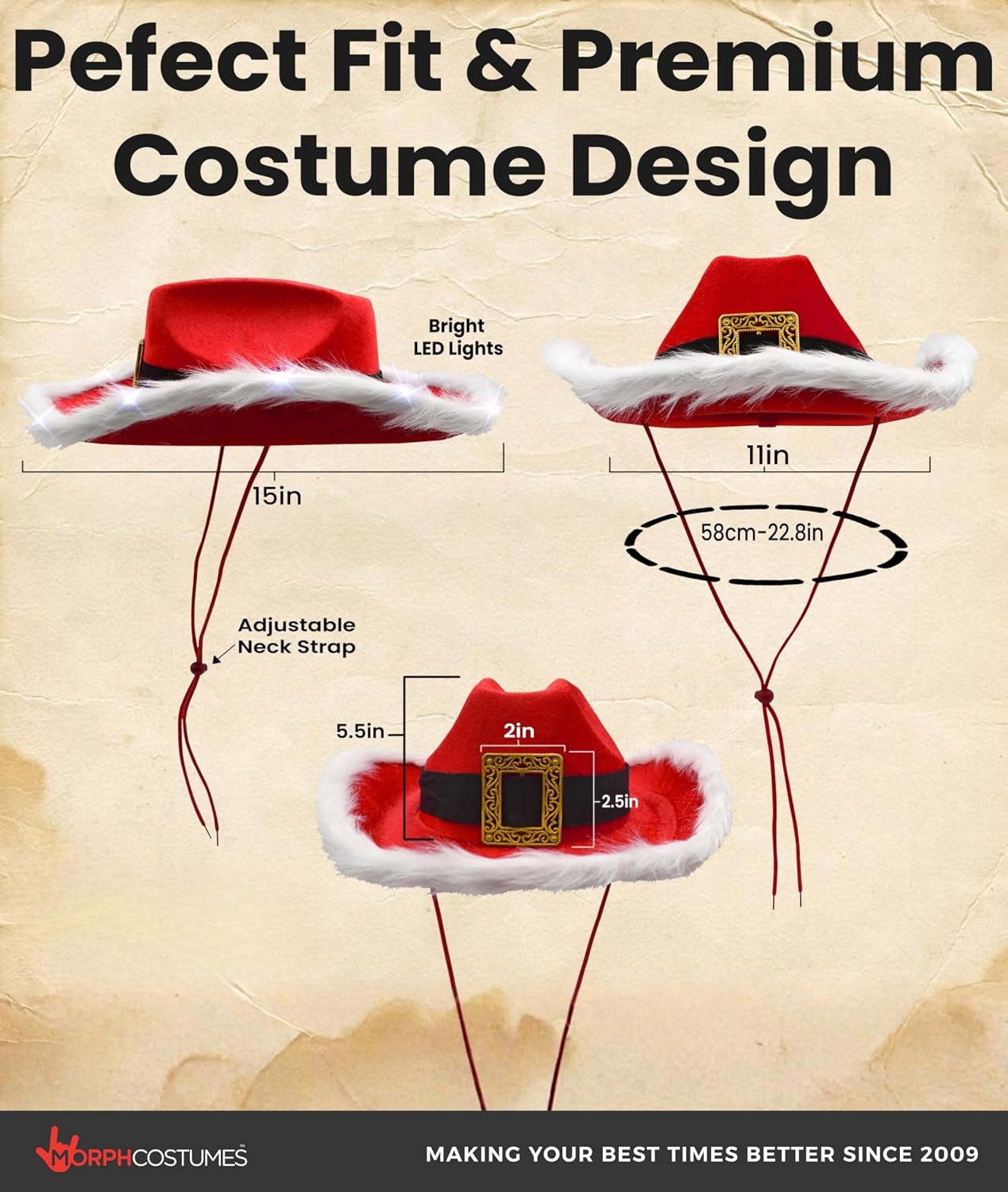 Nicky Bigs Novelties Morph Adult Light Up Santa Claus Christmas Cowboy Hat - Light Up LED Lights Cowgirl Hats - Holiday Western Costume Accessory, Red White, One Size