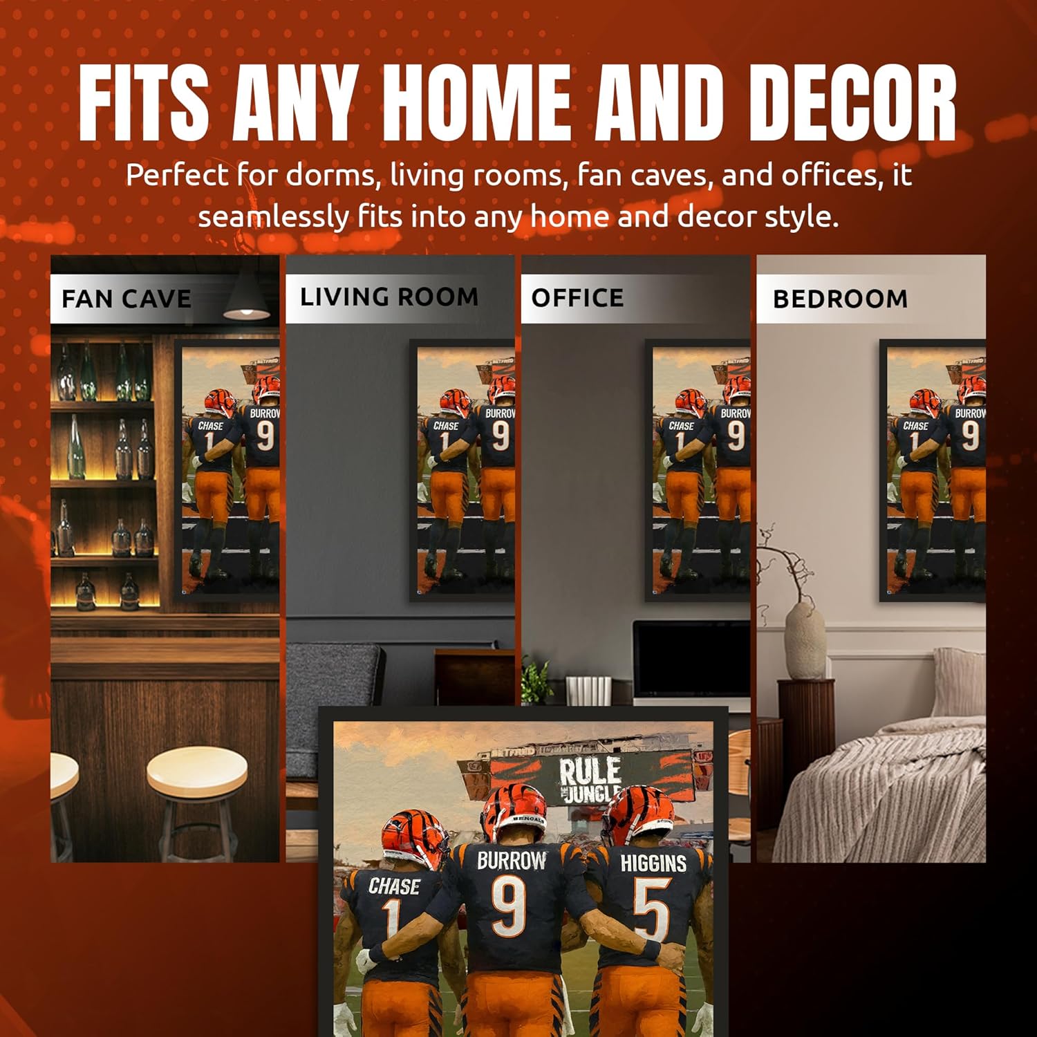 Sporticulture NFL American Football Framed Wall Art - Cincinnati Bengals - Jamaar Chase - Joe Burrow - Tee Higgins - Picture Poster for Boys Bedroom and Man Cave, Ready to Hang, 14" x 20" - Image 5