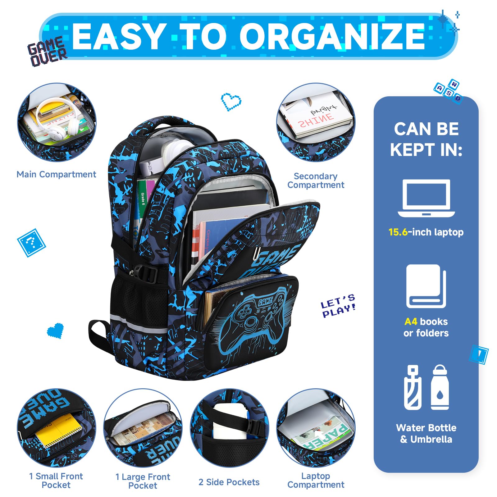 Amythe Schulrucksack Jungen Teenager, Schultasche Kinder mit Reflektoren für 3. bis 7. Klasse, Schulranzen Wasserdichter für 15.6 Zoll Laptop, Blau