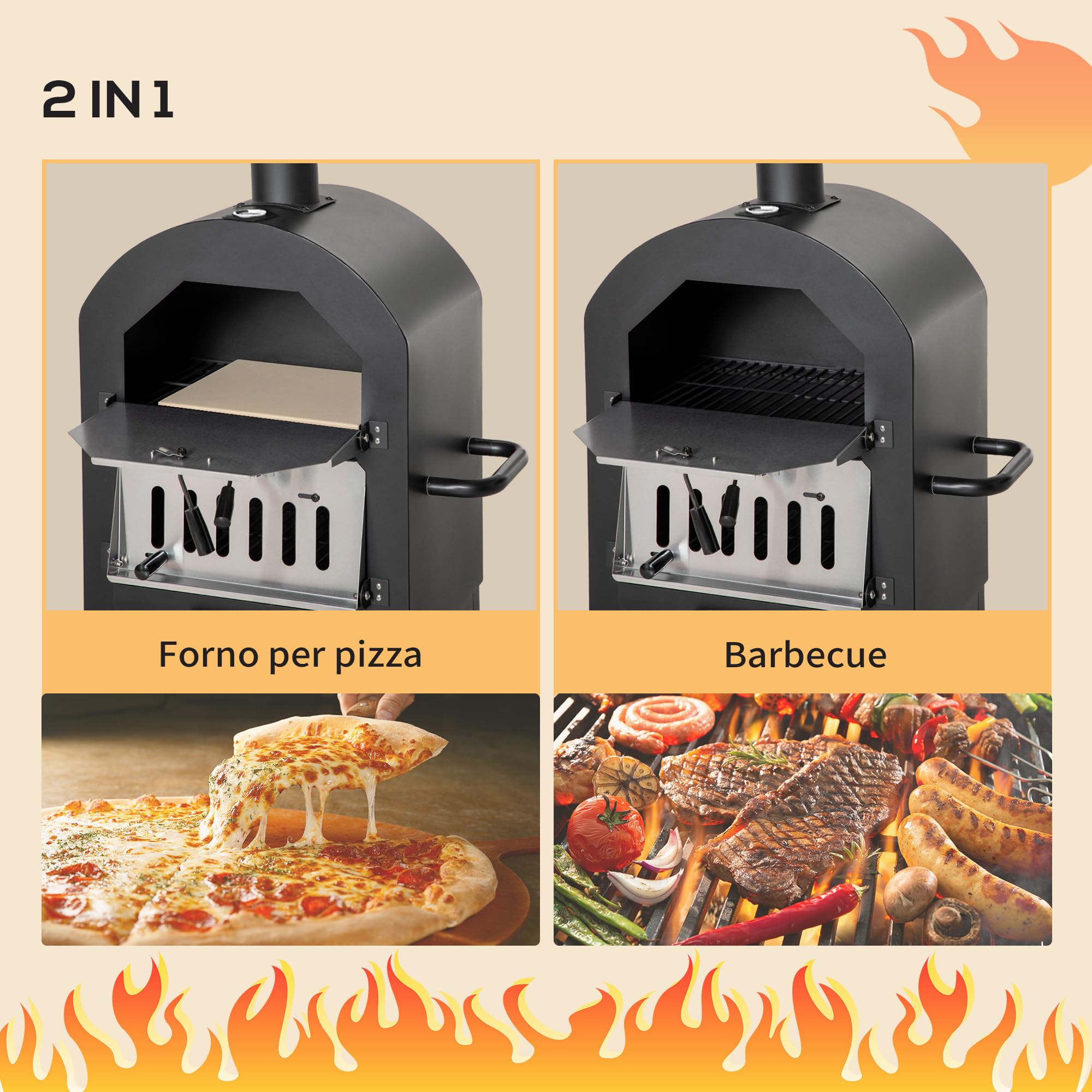Outsunny Forno per Pizza e Barbecue a Carbone Portatile, Forno a Legna per Esterno con Ruote in Acciaio con Camino e Ripiano Inferiore, 63x54x161 cm, Nero