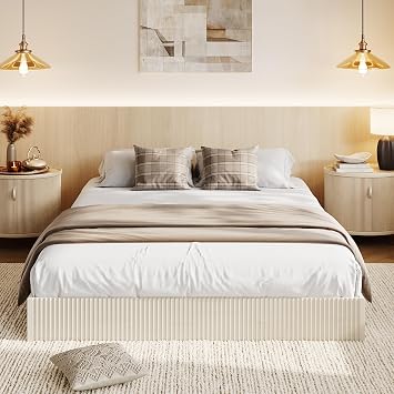 GAOMON Queen Size Bed Frames with Fluted Design, Cream White