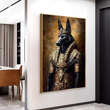 Ancient Egyptian God Canvas Wall Art, Anubis Canvas Print, Dark Gothic Anubis Wall Art, Egyptian Picture, Mystical Mythology Decor, Goth Poster, Home Decor Aesthetic Gold Framed, 15"x24" | 40x60cm