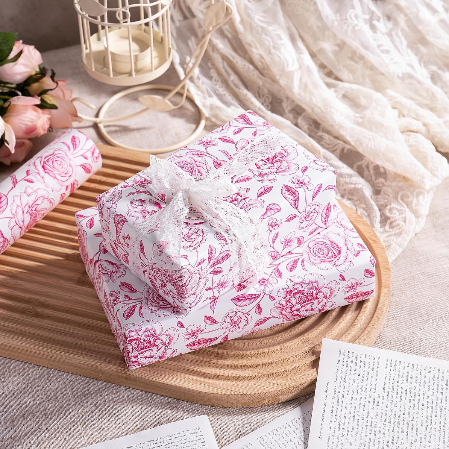WRAPAHOLIC 30 Inch Kraft Floral Wrapping Paper Roll - 30 Inch x 33 Feet - Vintage Toile Pink Floral Paper for Birthday, Bridal Shower, Wedding, Baby Shower