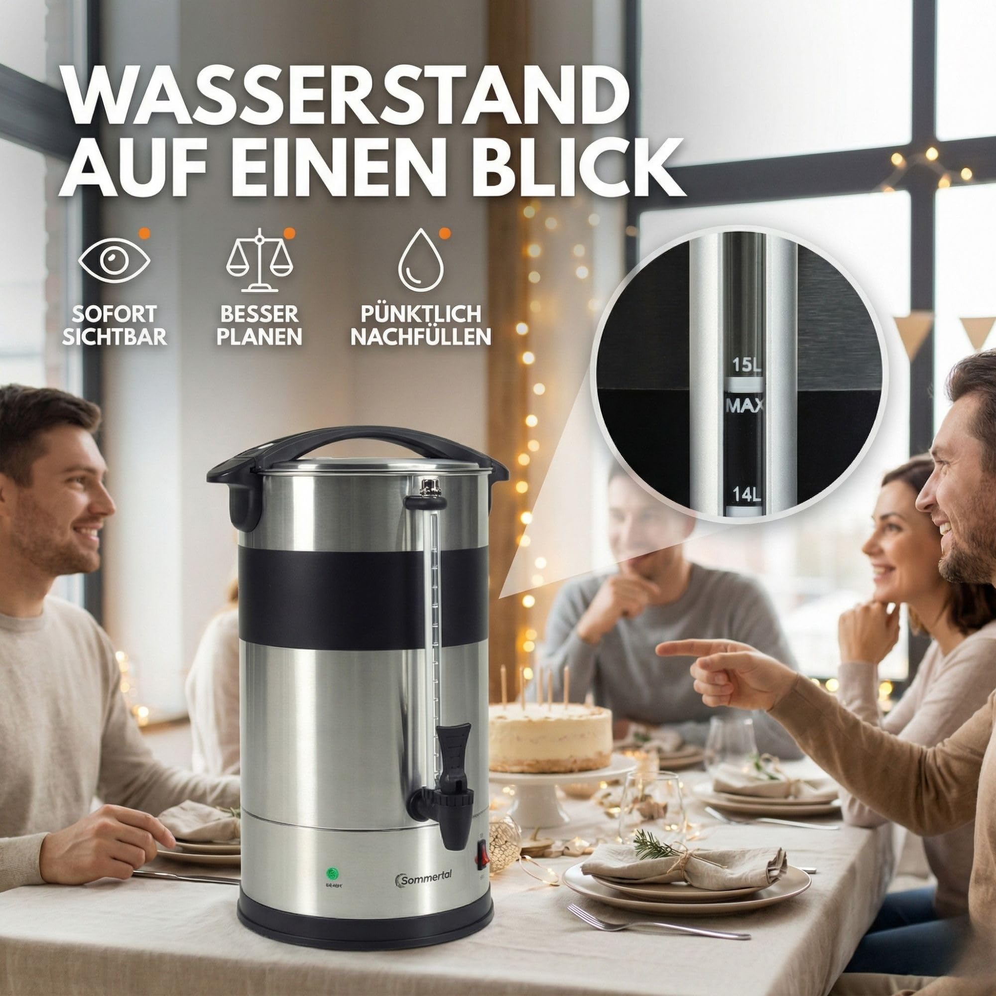 Sommertal Gastro Kaffeemaschine 15L / 100 Tassen | Filterkaffeemaschine groß mit Warmhaltefunktion & Wasserstandsanzeige | Kaffeeurne mit Beschriftungsfeld für Büro, Catering & Events | Kaffeekocher