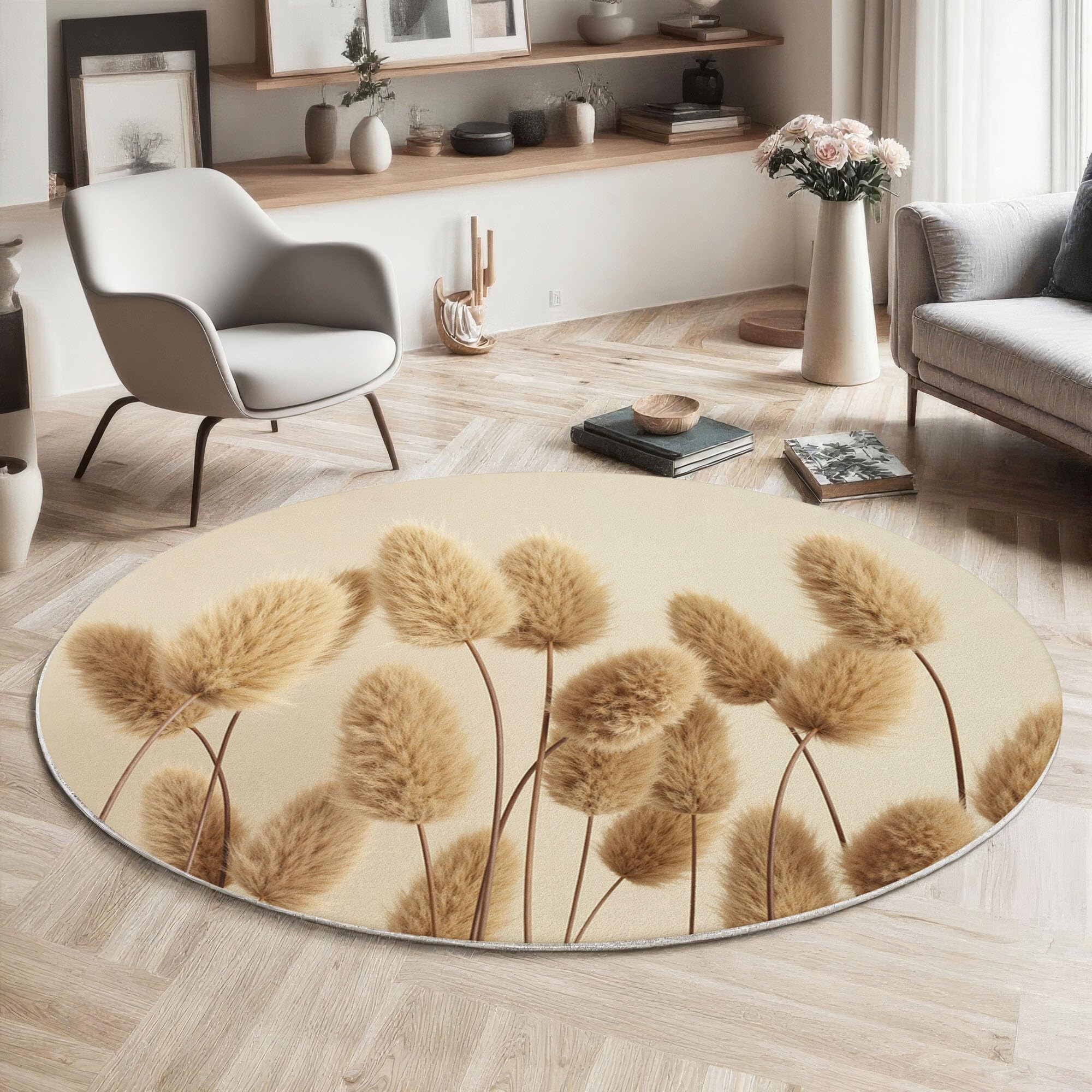Alfombra Redonda Hierba Cola Conejo Esponjosa, 100cm Alfombras de Pelo Corto Suave Sencillez Natural Tapetes Antideslizante y Lavables para Sala de Estar, Dormitorio y Habitación Infantil, Beige