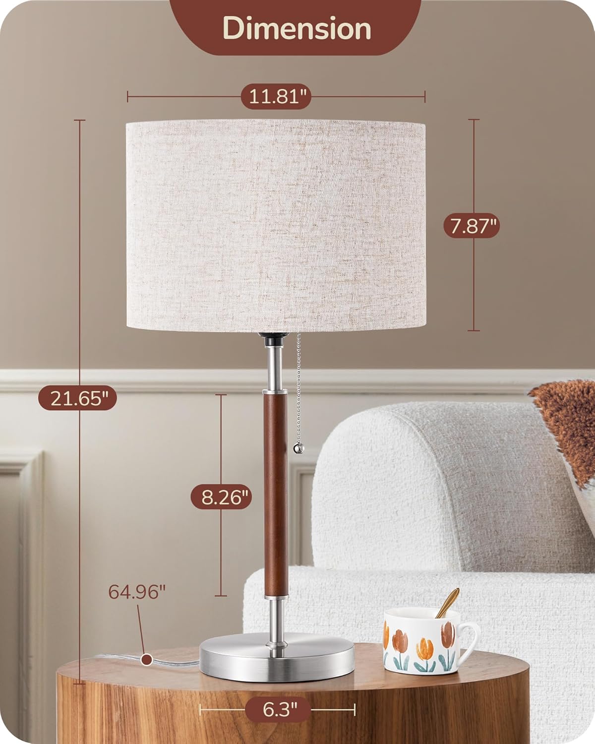 EDISHINE Mid Century Table Lamp, Solid Wood and Metal Bedside Lamp with Pull Chain Switch & Beige Linen Shade, Retro Nightstand Lamp for Bedroom Living Room End Table, E26 Base
