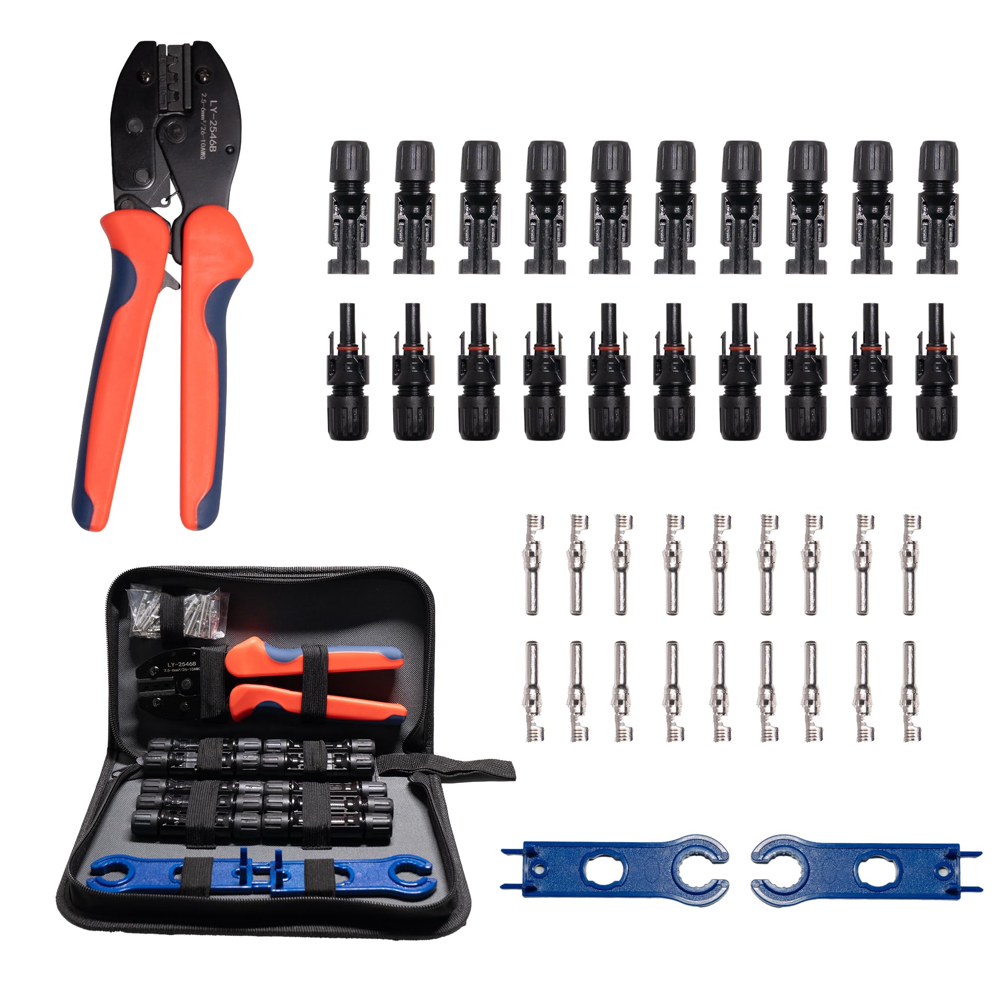 Set di pinze crimpatrici a energia solare, 2,5/4/6 mm², 10 paia di connettori solari maschi/femmine, 2 chiavi inglesi + 1 crimpatrice per impianto solare fotovoltaico