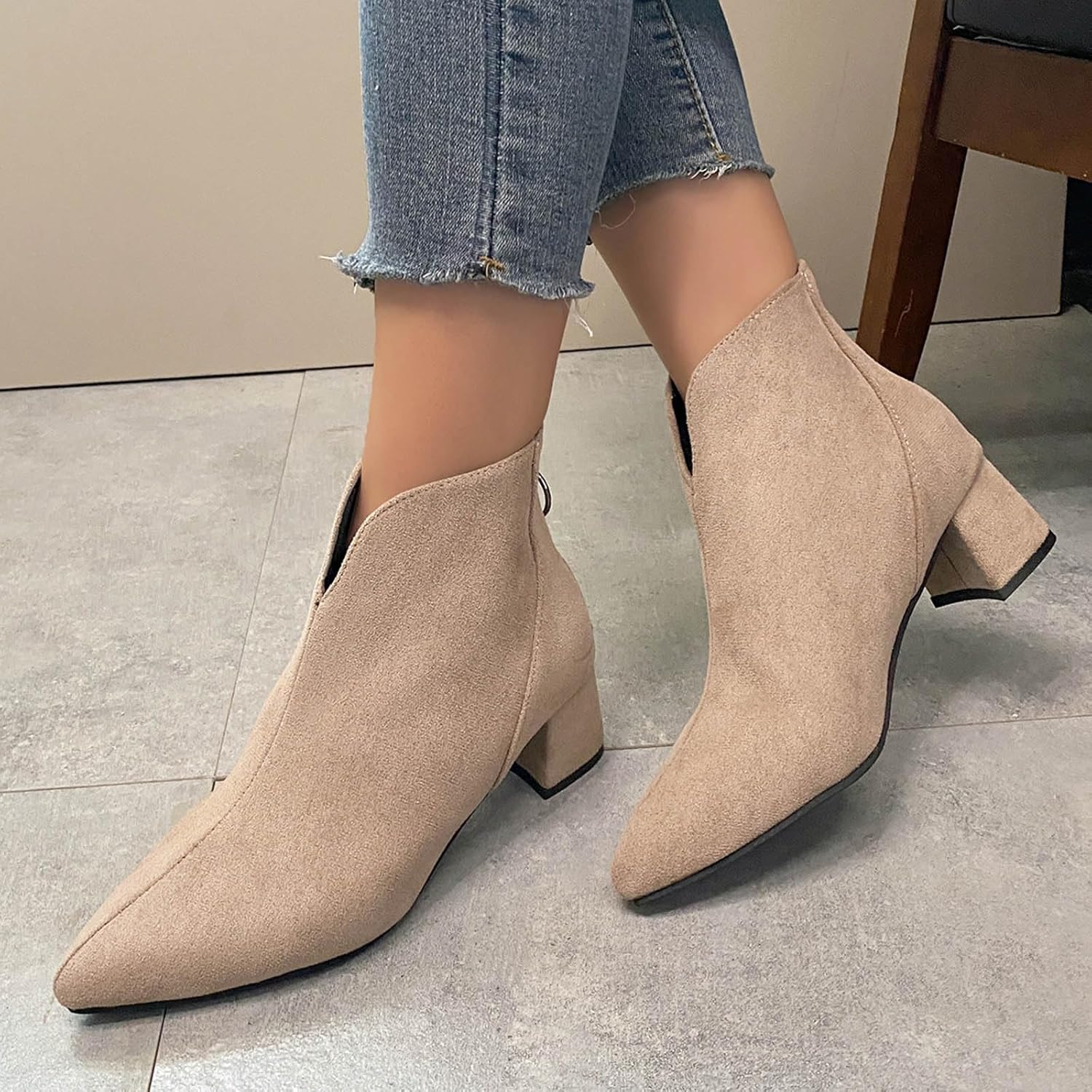 Ankle Booties for Women Casual Dress Low Heeled Short Boots Fashion Pointed Toe V Cut Chunky Heels Comfortable Suede Dress Shoes Womens Vintage Classic Back Zipper Slip On Ankle Boots