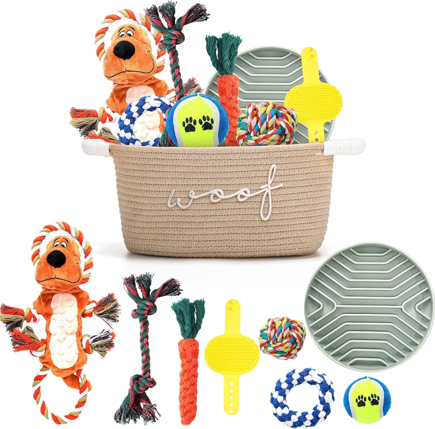 Abbylike New Puppy Gift Basket Puppy Starter Kit Dog Gift Storage Basket with Dog Toys Set Chew Toys Teething Interactive Squeaky Plush for Doggie Birthday Gifts and Pet Necessities