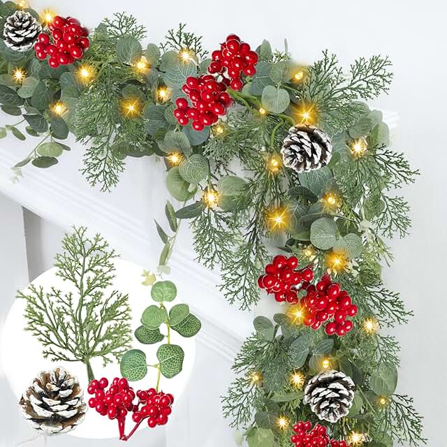 Prelit & Timer - 6 Ft Christmas Garland with Lights, Real Touch Cedar Ga...