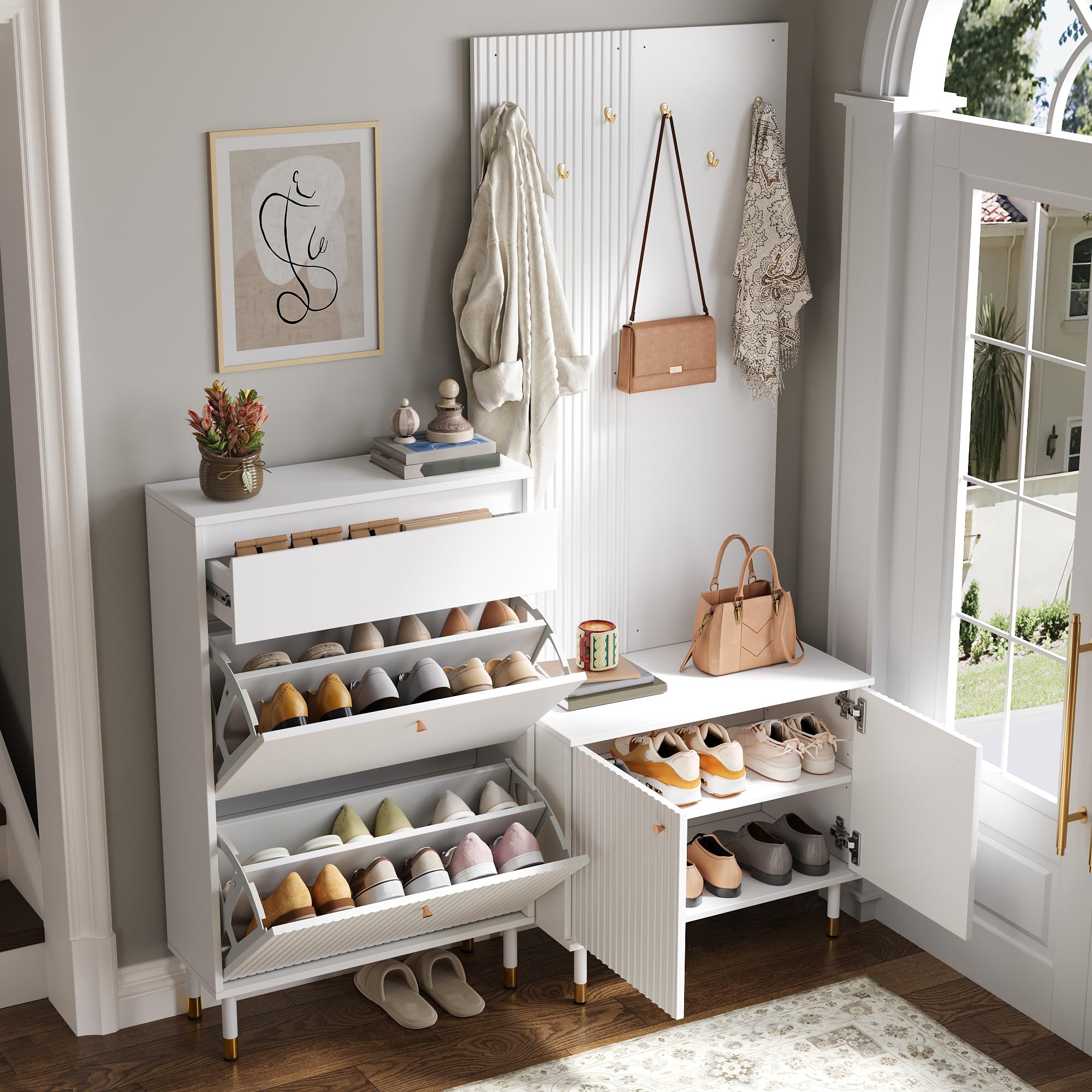 Garderobenset mit Schuhschrank und Staurschrank, kombinierte Standgarderobe mit 6 Haken und Schublade, modulares Flurmöbel für Flur, Diele und Eingangsbereich, Weiß B70xH180xT35 cm + B65xH104xT24 cm