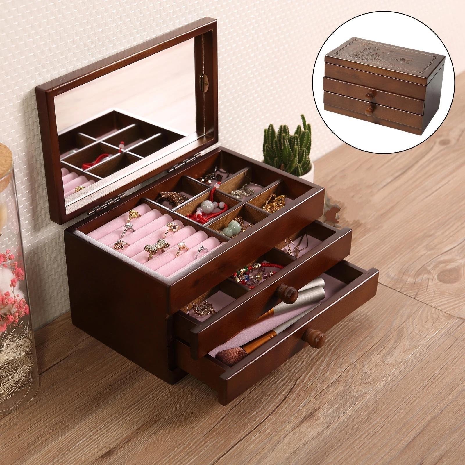 Halsketten Organizer 3 Ebenen Holzschmuck Aufbewahrungsbox Uhren Ohrringe Halsketten Ringe Behälter mit Schubladen und Spiegel Arbeitsplatten Schmuck Aufbewahrung Ohrring Juwelierschachtel Halskette