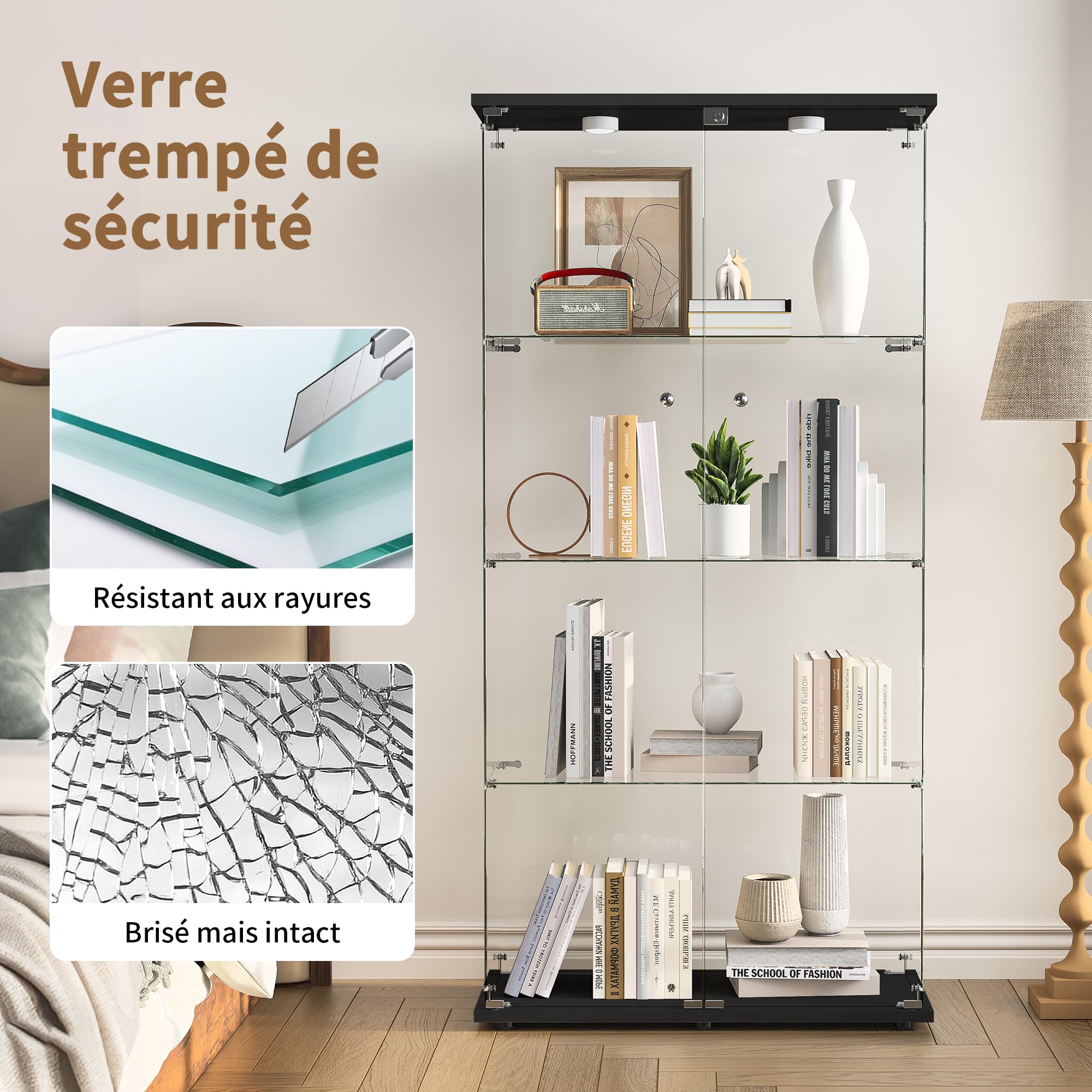 Vitrina de cristal, Vitrina expositora cristal de pie con cerradura y iluminación LED, Armario vitrina para colección con 2 puertas 4 compartimentos para salón, dormitorio, oficina, Negro (Negro)