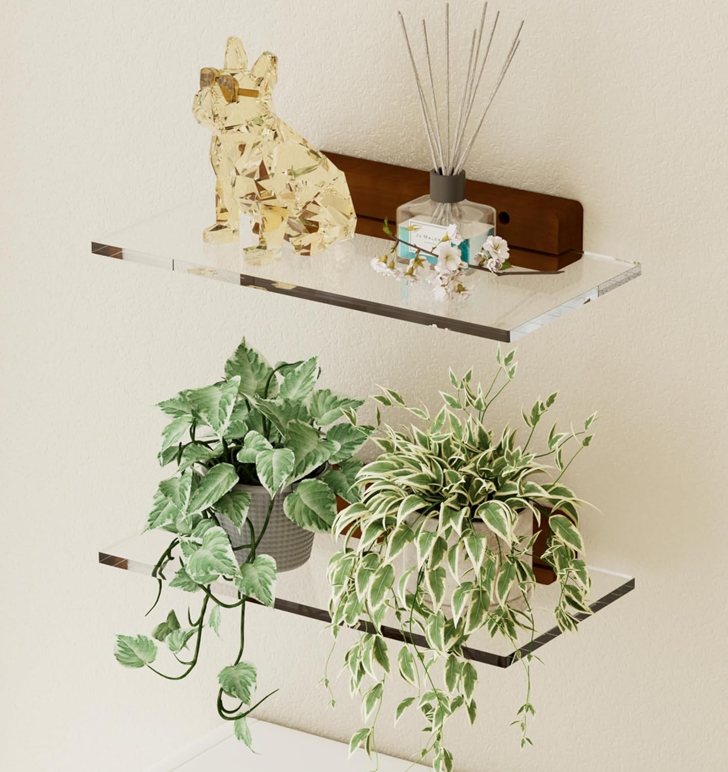 QsQueen Acrylic Floating Shelves with Solid Wood Base, Wall Mounted Shelf for Plants, Perfume, Nail Polish, Bathroom, Bedroom & Living Room Décor