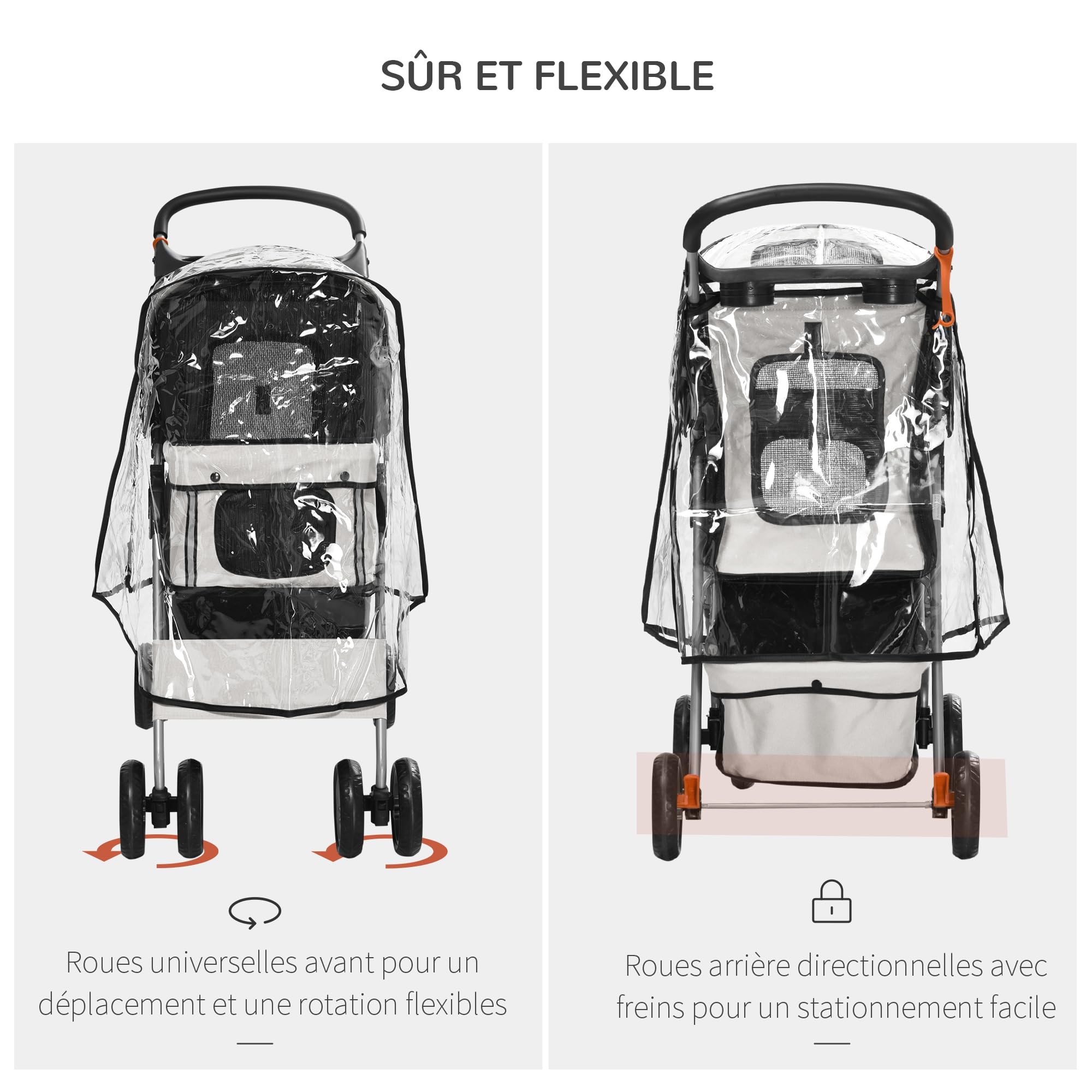 PawHut Poussette Buggy Pliable Animaux, Chariot Pliante Imperméable pour Chien et Chat, Porte-Gobelet, Panier de Rangement Inclus, Roues avec Frein, Tissu 600D Oxford, Toit Amovible Incluse, Gris