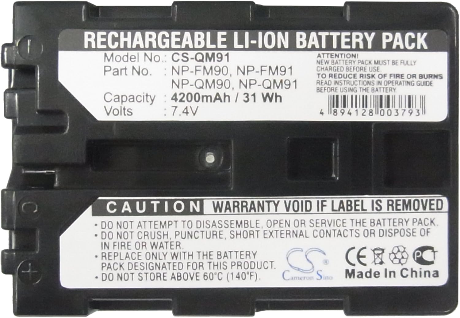 Cameron Sino Battery for Sony CCD-TRV108, CCD-TRV128, DCR-TRV740, DCR-TRV8, DCR-TRV80, DCR-TRV830, DCR-TRV840, DCR-TRV950, DSR-PDX10, HVL-IRM, HVR-A1J PN:Sony NP-FM90, NP-QM90, NP-QM91 4200mAh