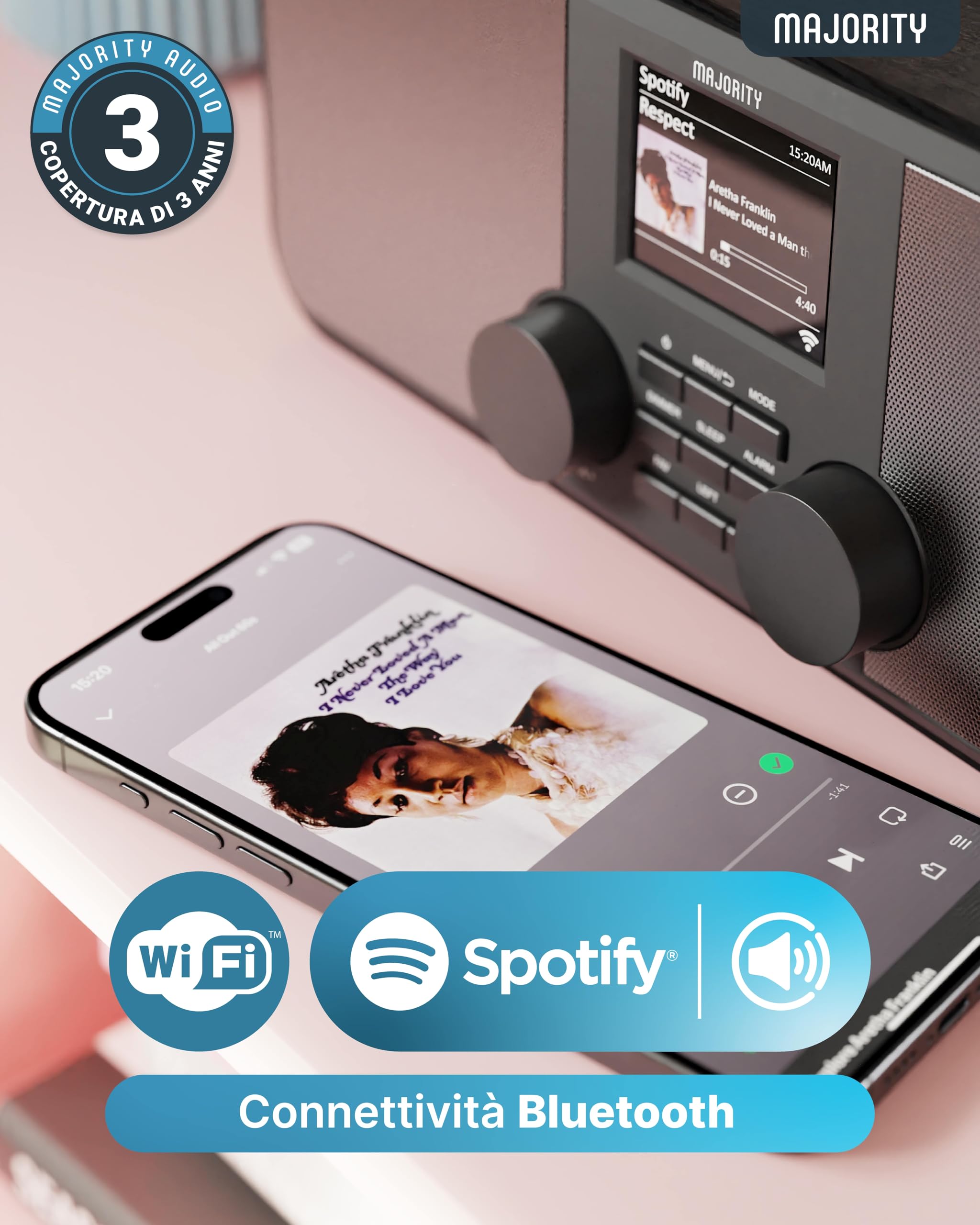 MAJORITY Rostock Radio Internet WiFi con Radio DAB+ e Tuner DAB | Radio FM Bluetooth | Poste Radio Bluetooth | Spotify Connect | Podcasts | Télécommande | App OKTIV | Enceinte Stéréo
