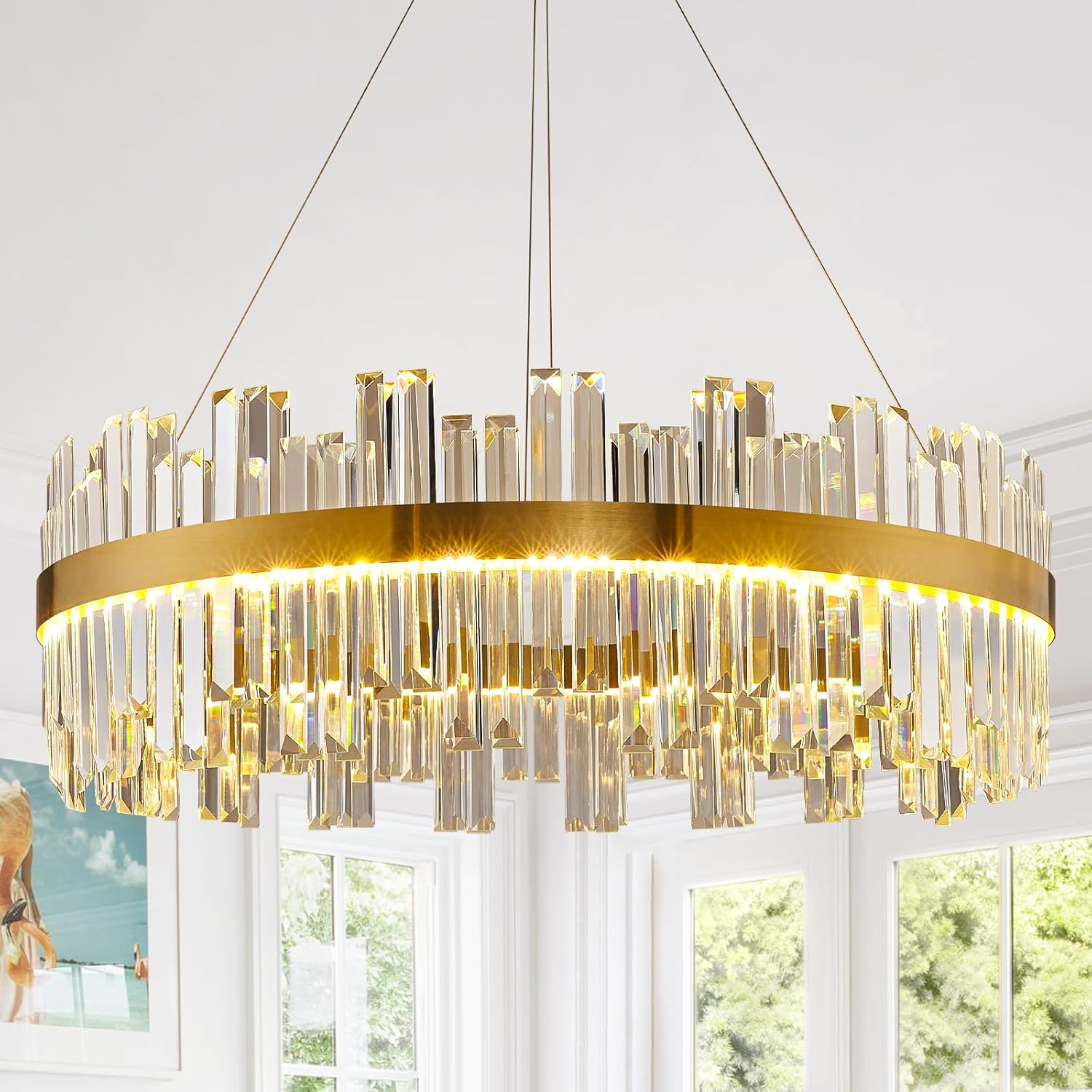 23.6" Dimmable Modern LED Crystal Chandeliers,Gold Chandelier Light Fixture, 3 Colors Contemporary Pendant Ceiling Light for Dining Room Living Room Kitchen Island Entryway Foyer ,With Remote Control Gold 23.6"