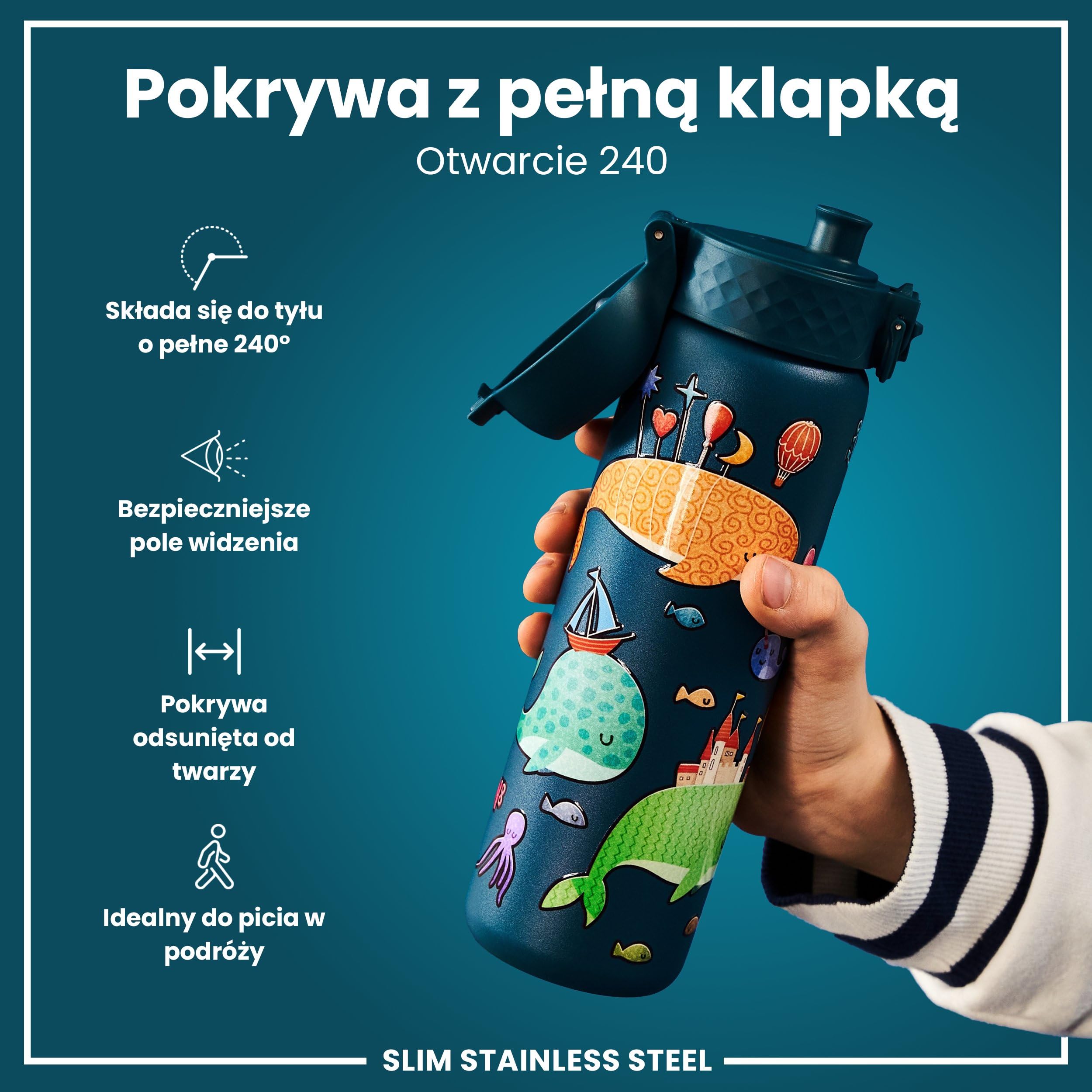 ION8 Butelka na Wodę ze Lekki Stali, 600 ml/20 oz, Nieocieplany, Szczelna, Łatwe Otwieranie, Bezpieczny Zamek, Można Myć w Zmywarce, Higieniczne Pokrycie, Składany Uchwyt, Wieloryby