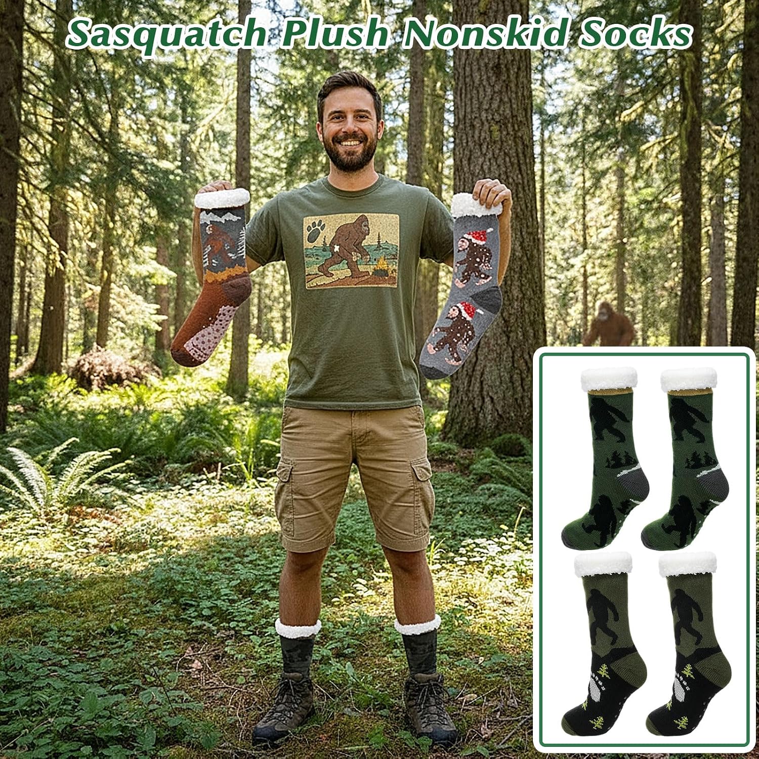 4 Pairs Christmas Sasquatch Slipper Socks Men with Grips Plush Nonskid Fuzzy Slipper Socks with Funny Designs Soft Warm Thick Novelty for Sasquatch Enthusiasts Winter Holiday Stocking Stuffer Gifts