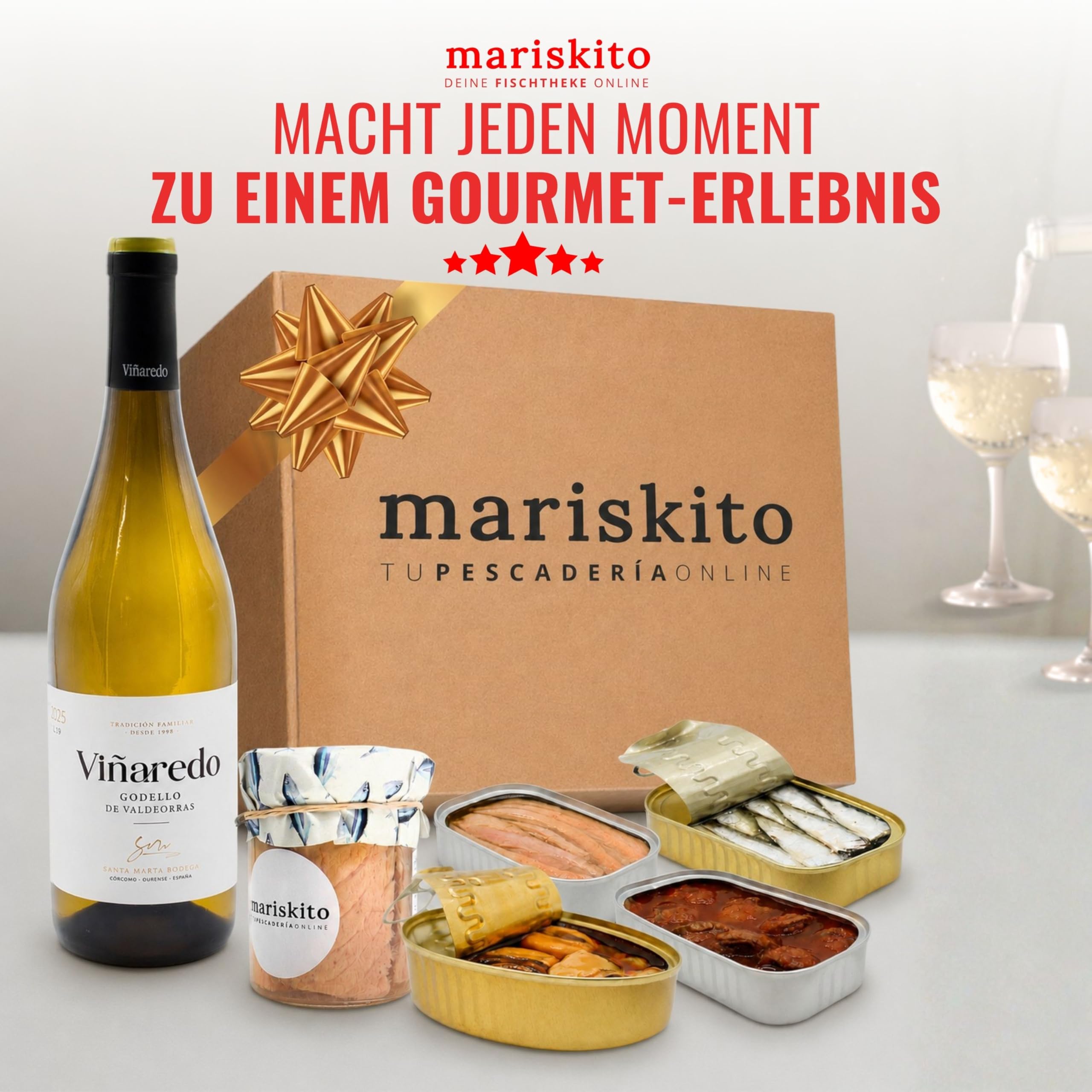 MARISKITO | Gourmet-Geschenkbox – Godello-Wein + 5 galicische Konserven – Delikatessen-Paket: Miesmuscheln, Sardinen, Bunte Kammuschel, Thon,Thunfisch-Bauchfilet – Weihnachtsset, Firmen, Feiergeschenk