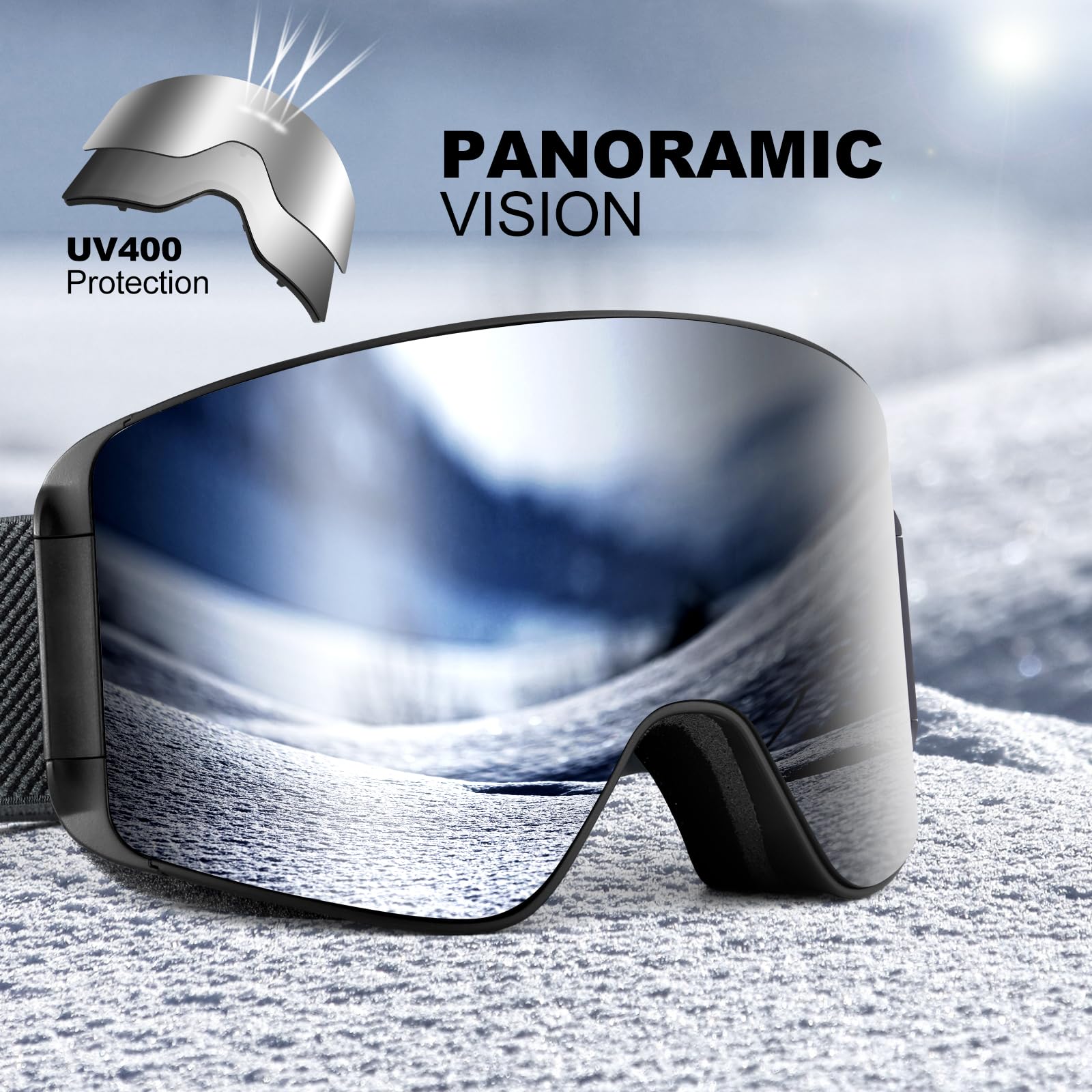 Odoland Kit di Maschera da sci con Lente Rimovibile, Lenti Intercambiabili Magnetico Senza Cornice, Occhiali da Sci Anti-nebbia con Protezione UV400, per Uomini e Donne, Compatibile con Casco