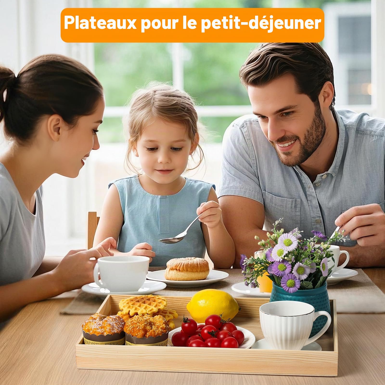 Plateaux de service en bois brut avec poignée – 7 plateaux imbriqués pour le petit déjeuner des enfants, collations Montessori, décoration, cuisine et fêtes