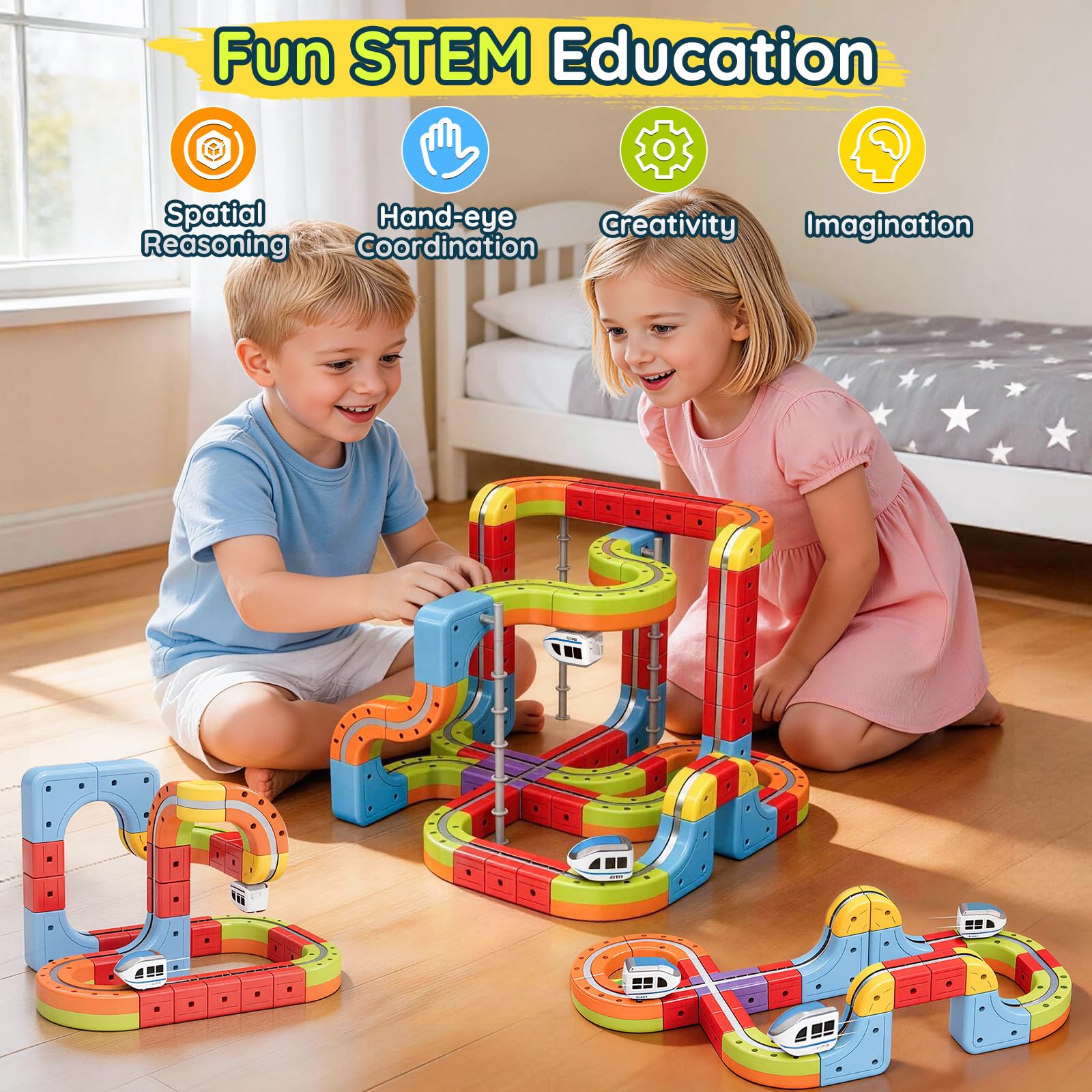 Elektrisches Eisenbahn Set, DIY Electric Train Set mit Schwerkraft Defying 3D-Layouts & Magisches Schienen WüRfel, Zugstrecken-Set Spielzeug Geschenk für Kinder ab 3–12 Jahren (88PCS)
