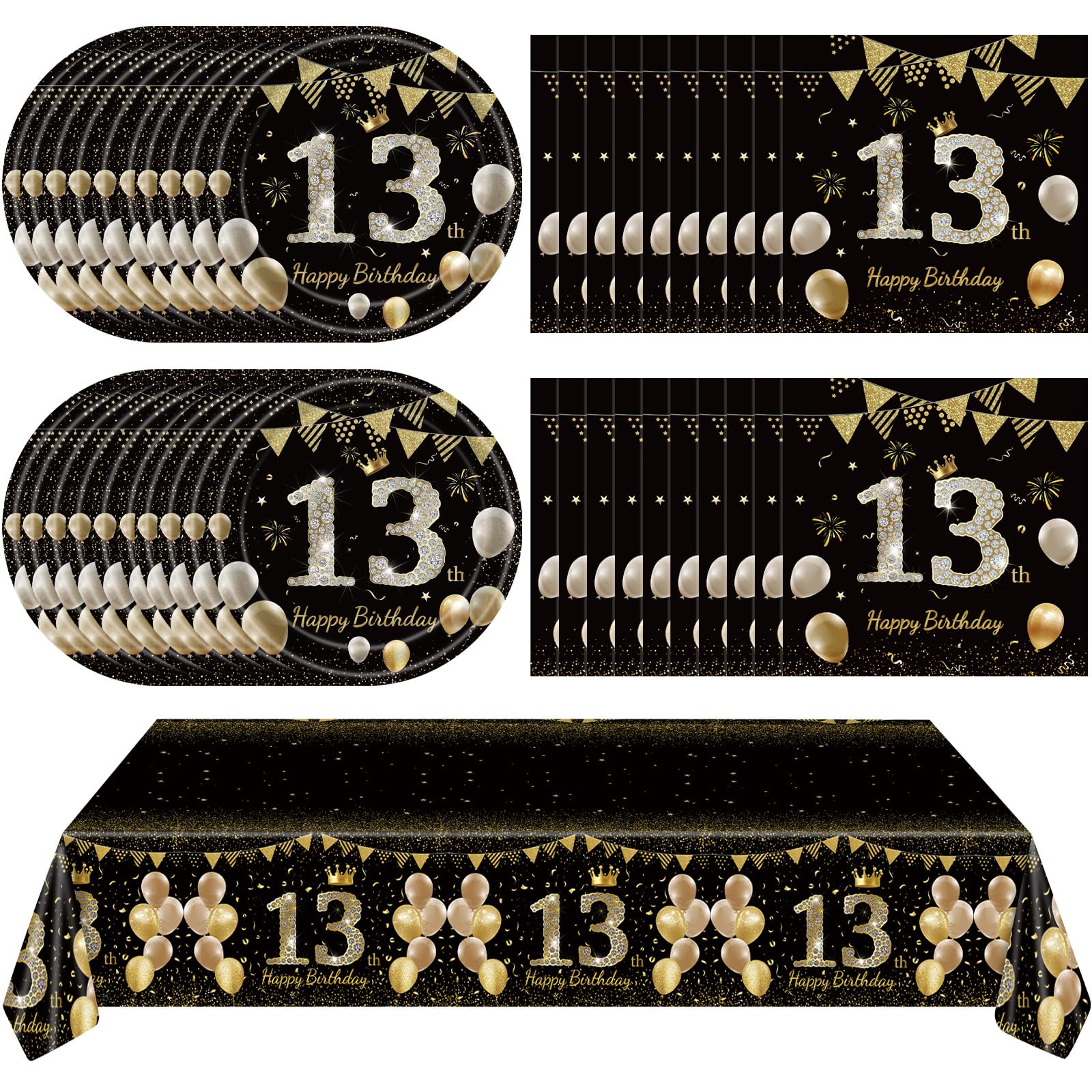 41Pcs 13th Birthday Decorations for Boy Girls, Black Gold 13 Year Old Tableware Decorations include Happy Birthday Plates Napkins Tablecloth for
