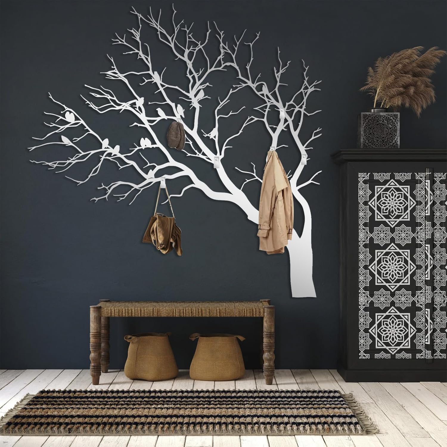 Coat Rack Tree Branch with Birds, Birds on Tree Branch Metal Wall Art, Coat Hooks Wall Mount, Key Holder Wall Mounted, Metal Coat Rack for Living Room, Bathroom (Black, 24"x24"|60x60cm)