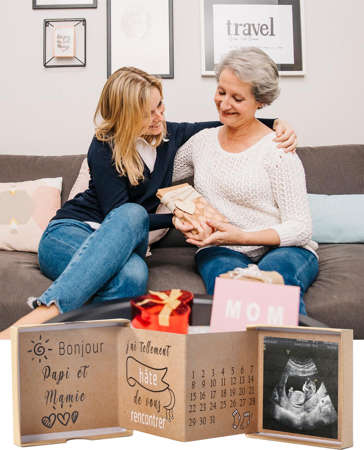Carte Dépliante Surprise Annonce Grossesse Future Grand-Parents avec Photo Échographie Calendrier Naissance