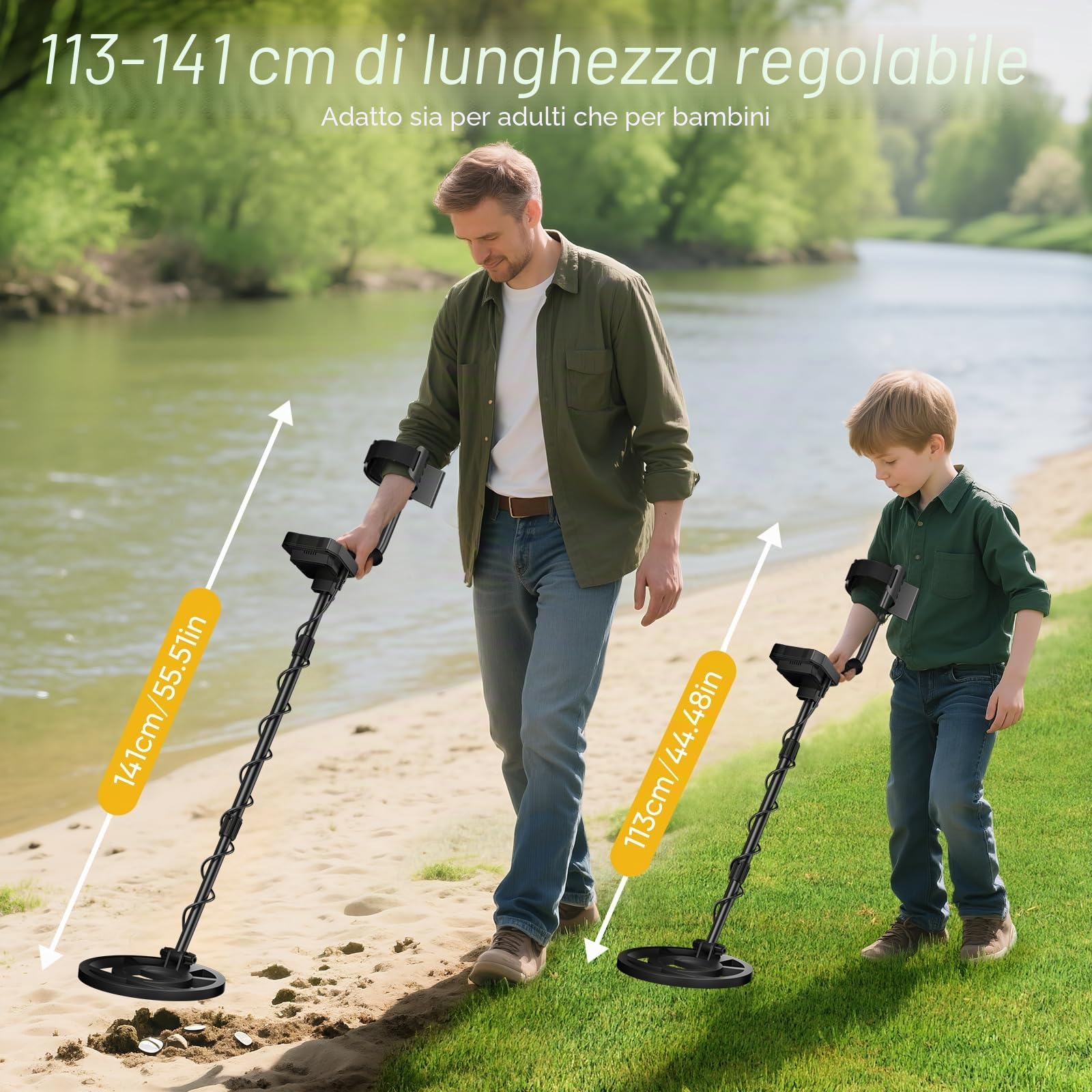 Metal detector, lunghezza regolabile 113 cm-141 cm, 5 modalità, metal detector professionale con display LCD, bobina di ricerca impermeabile IP68 per adulti e bambini