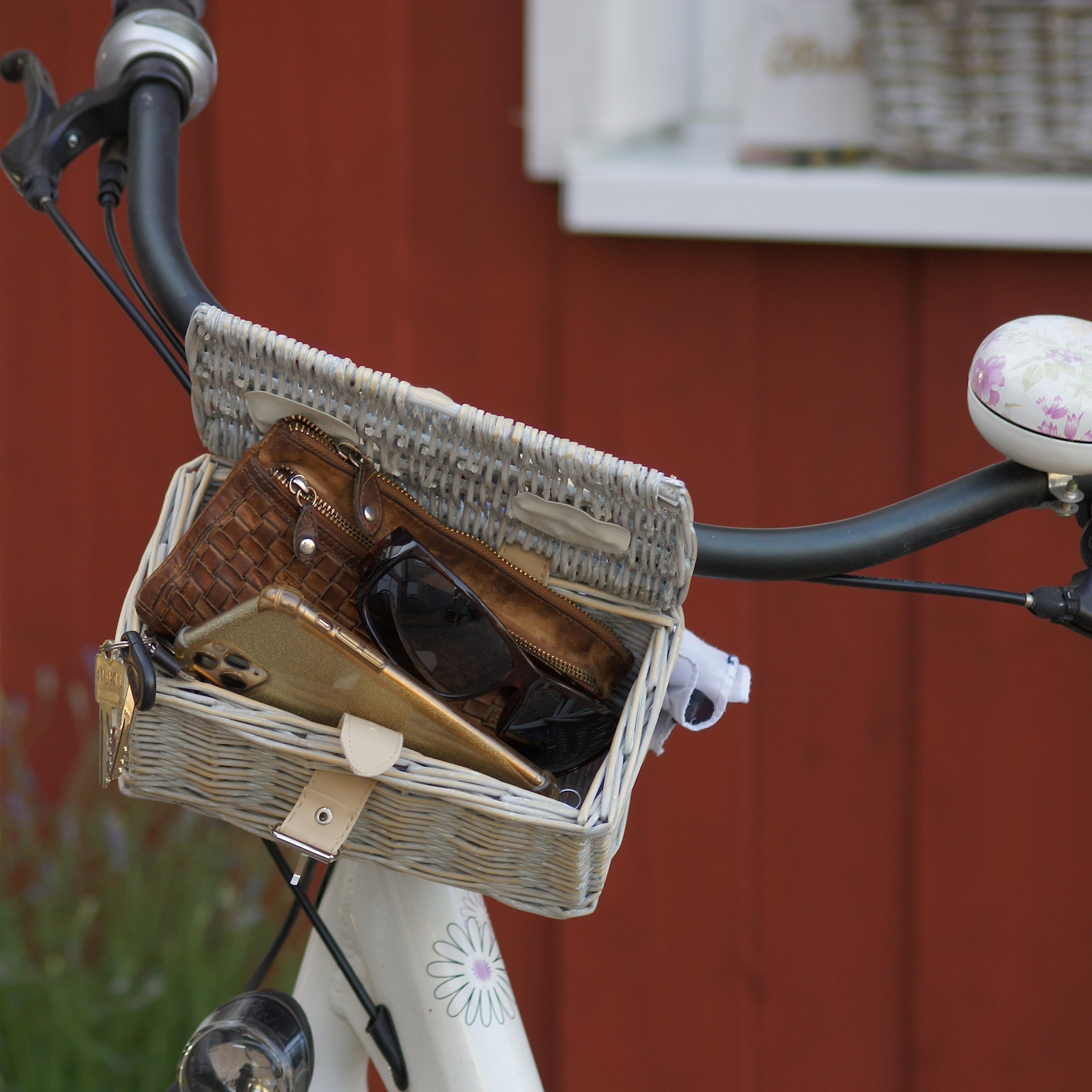 UNUS Garden Cestino In Vimini Per Bicicletta, Rustico, Con Cinghie In Pelle, 40x20x20 Cm, Portapacchi Anteriore
