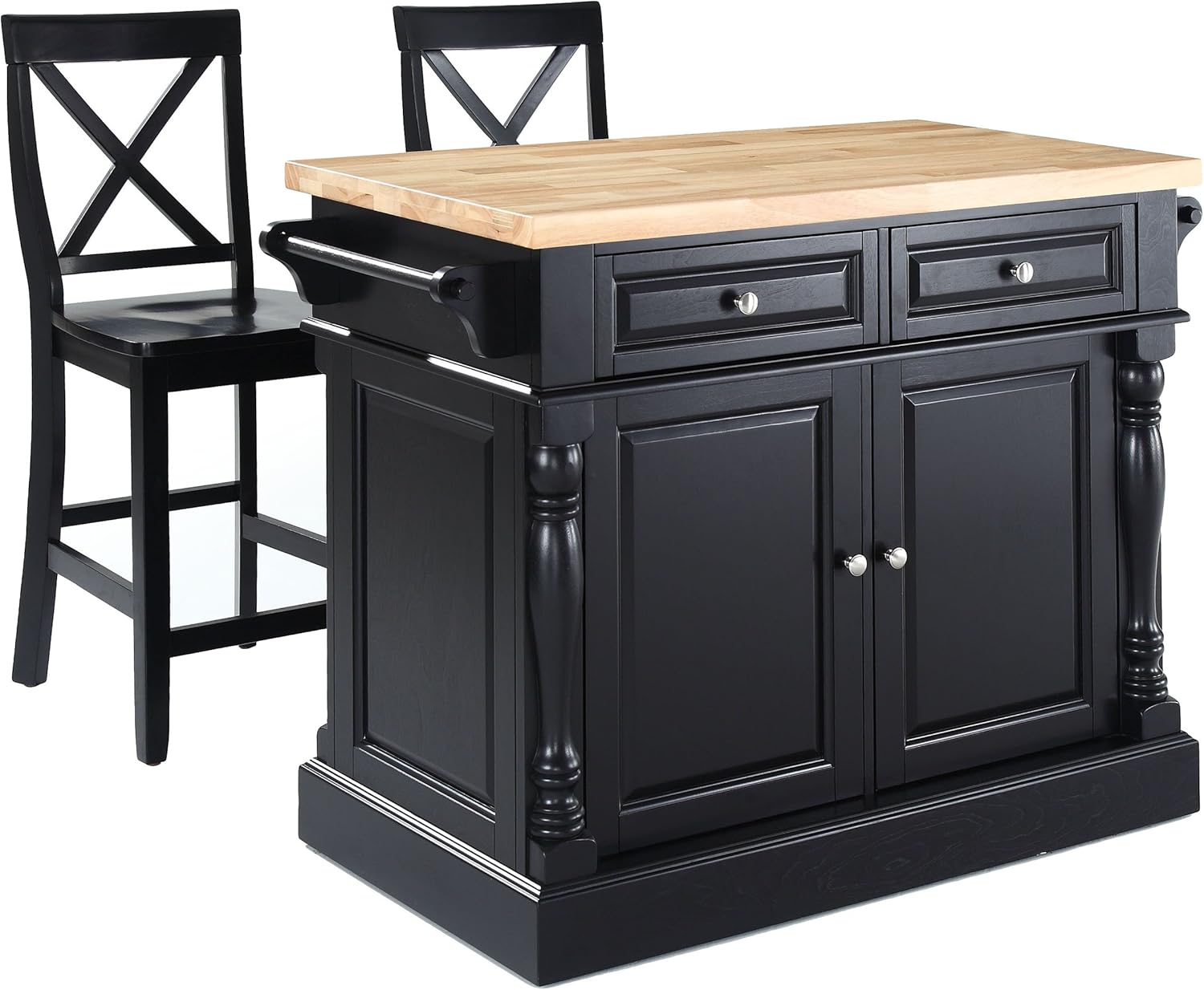 Crosley Furniture Oxford Butcher Block Kitchen Island, Coffee Bar, with a Set of 2 X-Back Stools, White