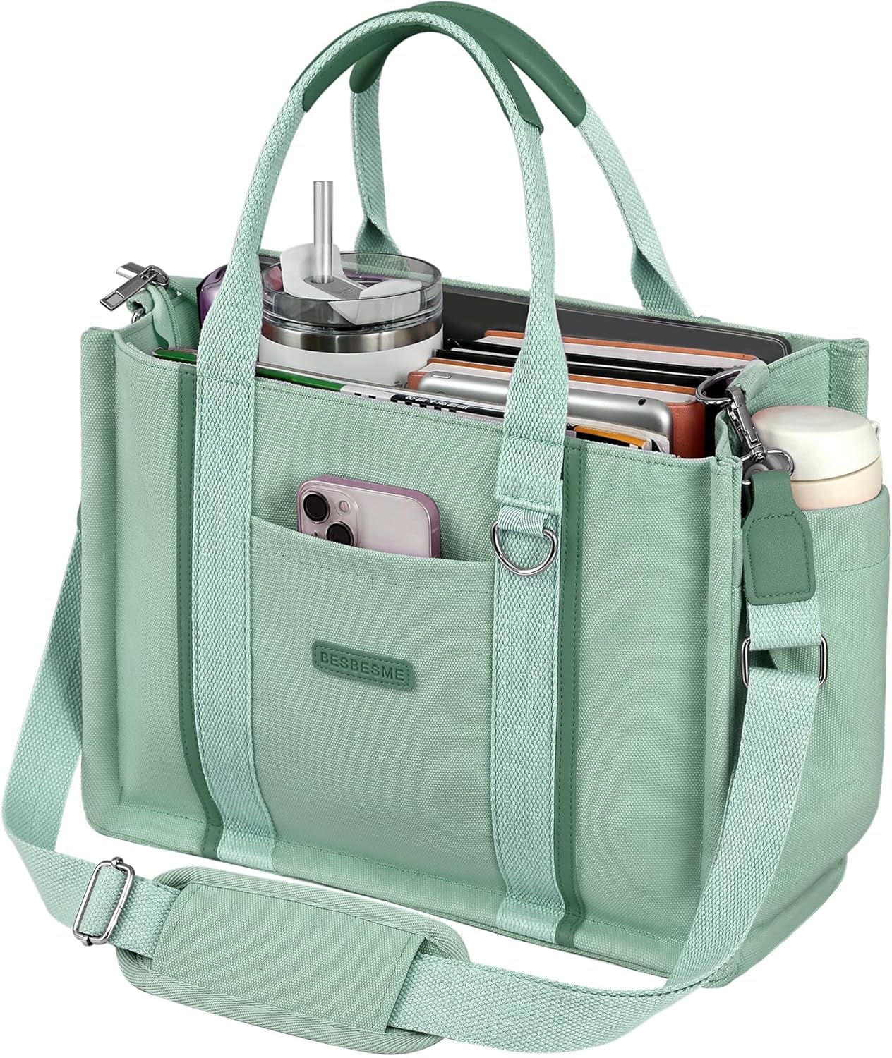 BESBESME Women’s Canvas Tote Bag with Zipper and Compartments – Multi-Pocket Laptop Work Crossbody Shoulder Tote Purse - Image 8