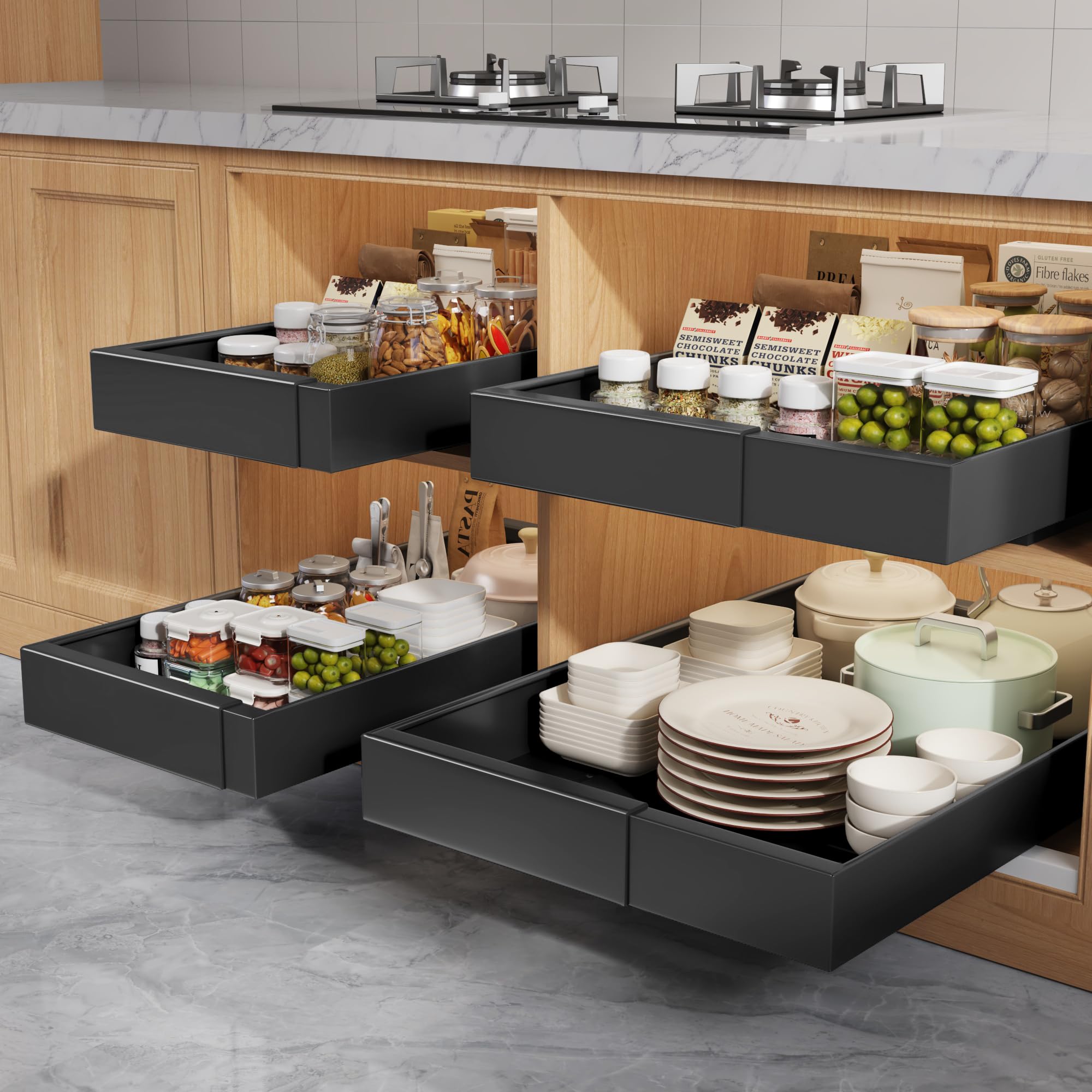 Seinloes 4 Pack Pull Out Cabinet Organizers 21" Deep With Raising Pad for Framed Cabinets, Expandable Width (9"-14") Slide Out Drawers Upgrade 3 Slide