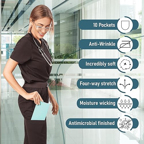 Vista 3 de First Lifesaver Pantalones médicos para mujer, ajustados, súper suaves, elásticos, 10 bolsillos, pantalones médicos antiarrugas